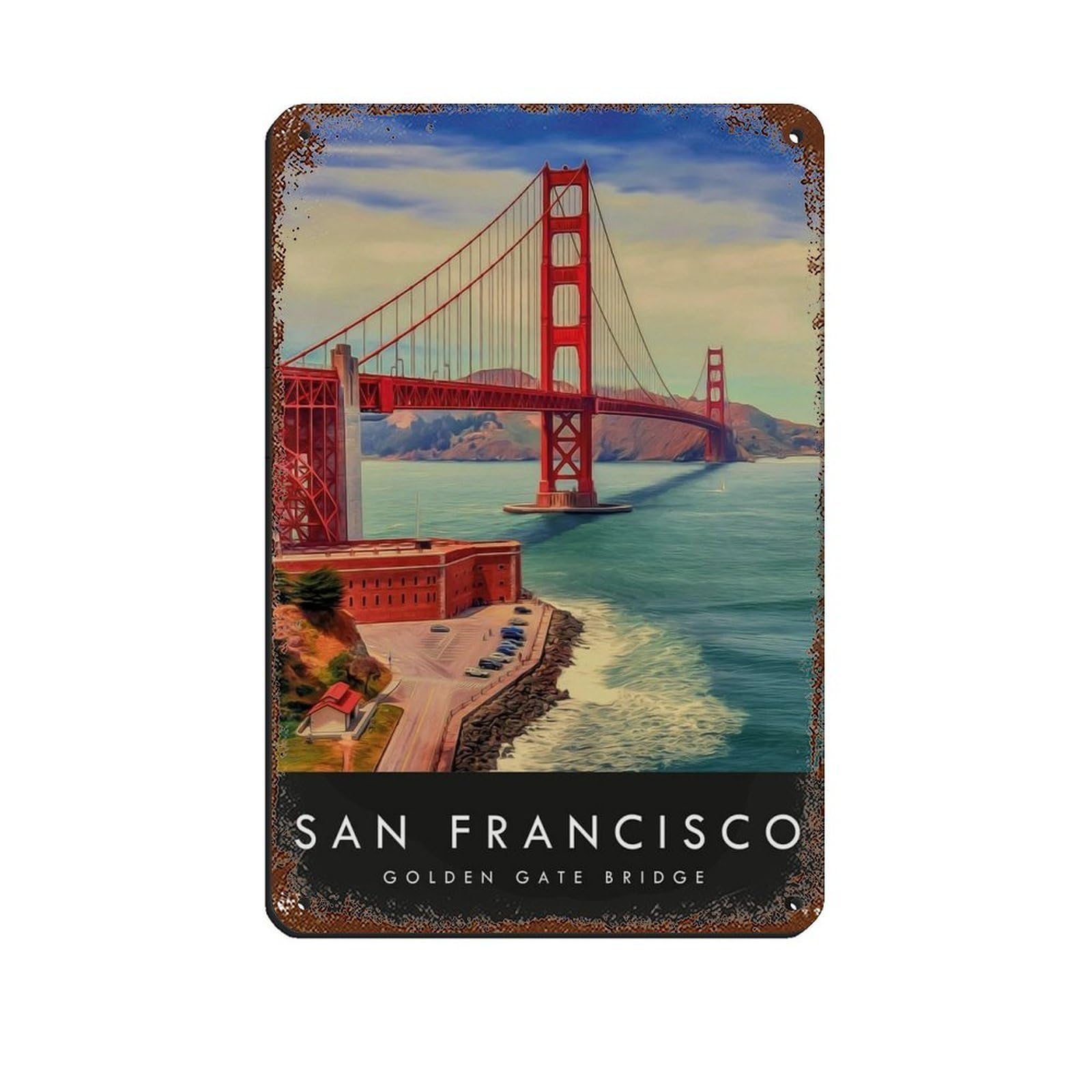 San Francisco Travel, Golden Gate Bridge Tin Sign Vintage Metal Pub Club Cafe Bar Home Wall Art Decoration Poster Retro 8x12inch(20x30cm)