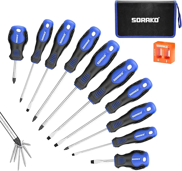 SORAKO 12 Piece Magnetic Screwdriver Set 5 Phillips and 5 Flat 1 Magnetising Tool 1 Storage Bag Professional Cushion Grip Hand Tools Set for Fastening and Loosening Seized