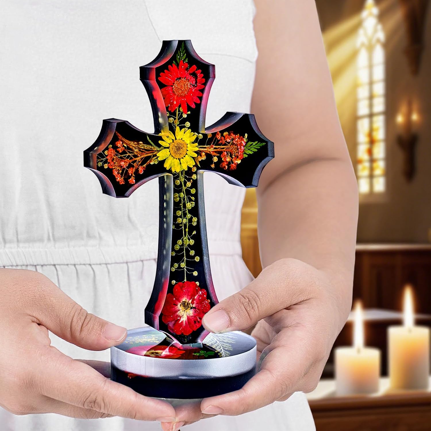 Cross Silicone Mold with Base for Epoxy Resin Casting Standing Fancy Cross Religious Resin Molds Silicone 7 Inch Baptism Crucifix Gypsum Freshie Mould Christian Gift Candle Molds Halloween Home Decor