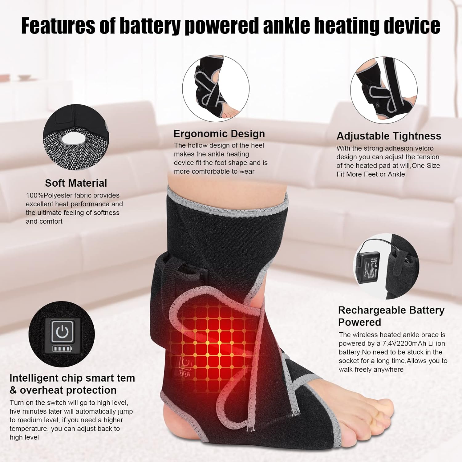 Four-step visual guide on how to wear the FEETMOR Heated Ankle Wrap, demonstrating the strap placement.
