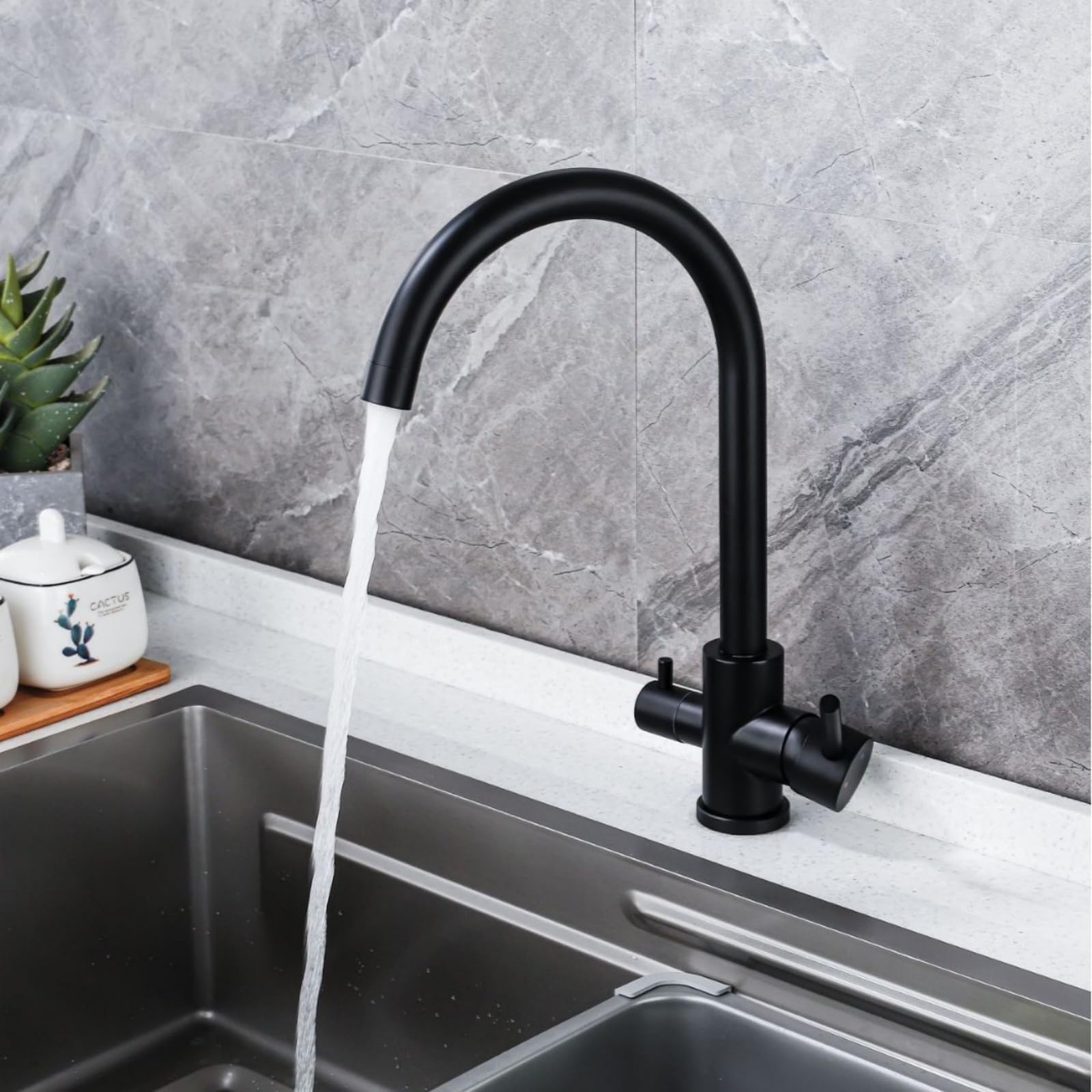 Grifo Osmosis Cocina Grifo 3 Vias Blanco Giratorio de 360° Grifos Cocina Fregadero con Palanca Doble Mezclador de Fregadero con 2 Salidas-A