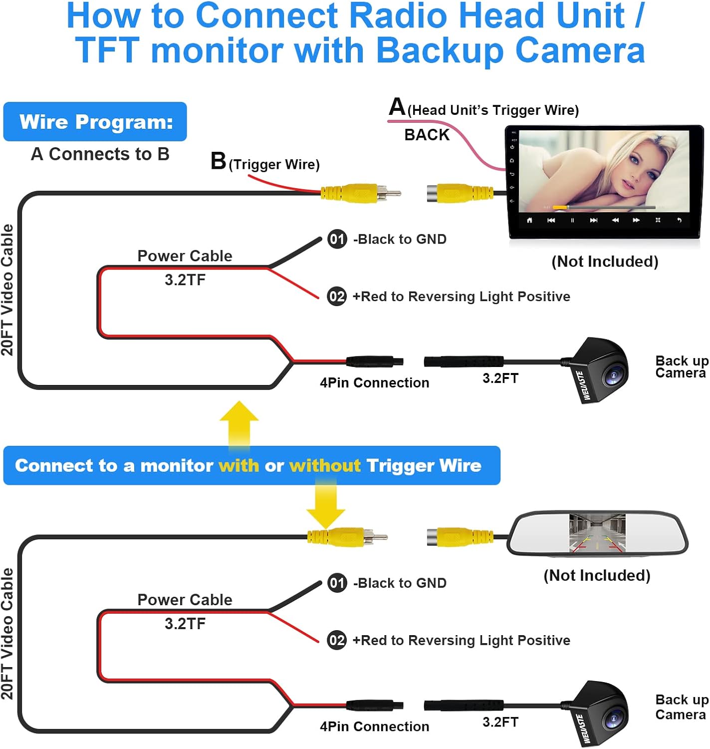 Wiring diagram for Weuaste backup camera to head unit or monitor