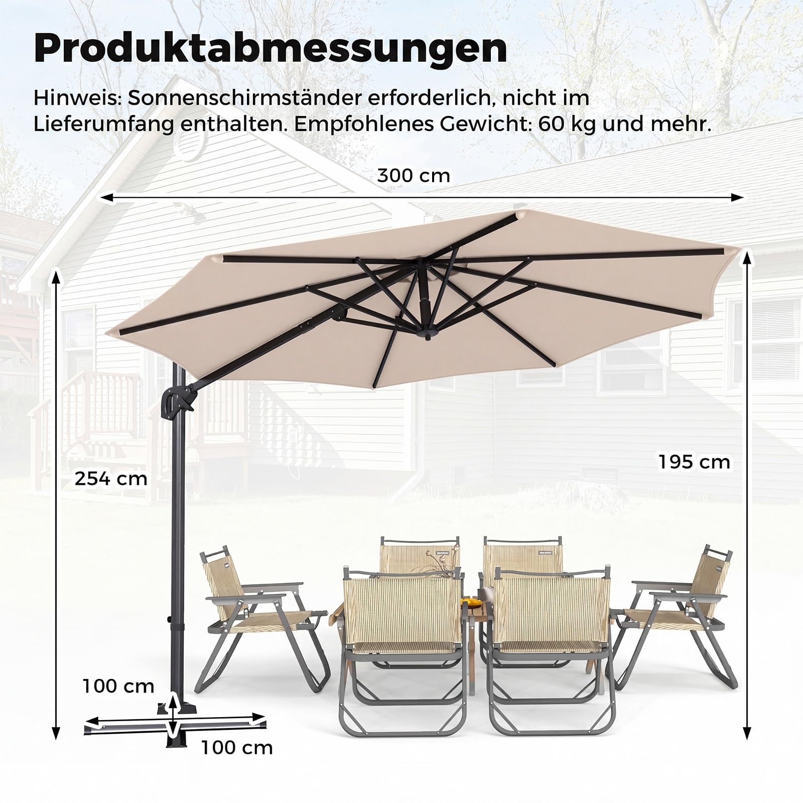 COSTWAY Sonnenschirm Alu 300 x 300 cm, Ampelschirm mit Kurbel, 360° drehbar, Neigungswinkel stufenlos verstellbar, großer Gartenschirm, Terrassenschirm, Marktschirm für Garten, Terrasse (Beige)