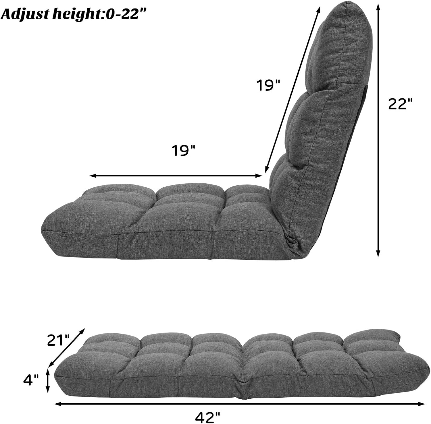 BestComfort Adjustable Floor Gaming Chair 14-Position Padded Folding with Back Support for Meditation Reading TV Watching, Fully Assembled Folding Gaming Sofa Adults Kids (Grey) (66636)