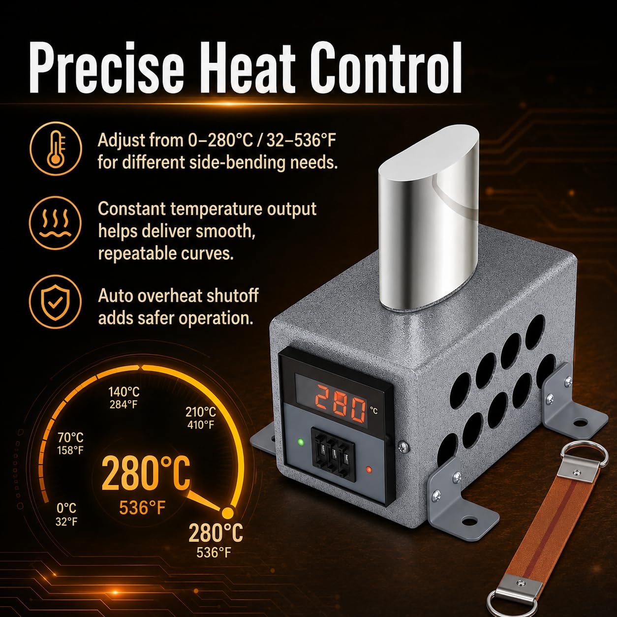 Curvador lateral con cinturón para guitarra, violín, violonchelo, visualización digital de temperatura de 0 a 280 °C, control de temperatura constante, protección contra sobrecalentamiento