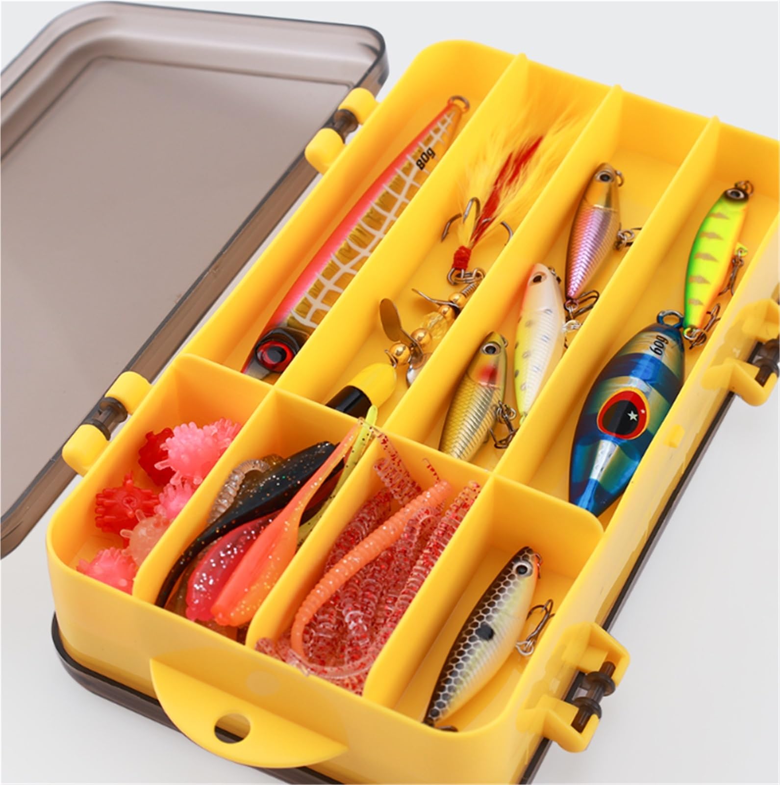 Angelkoffer für Zubehör Angelgerät Boxen Tablett Lagerung Box Kunststoff Behälter for Salzwasser Süßwasser Angelbox für Gummifische(Yellow)