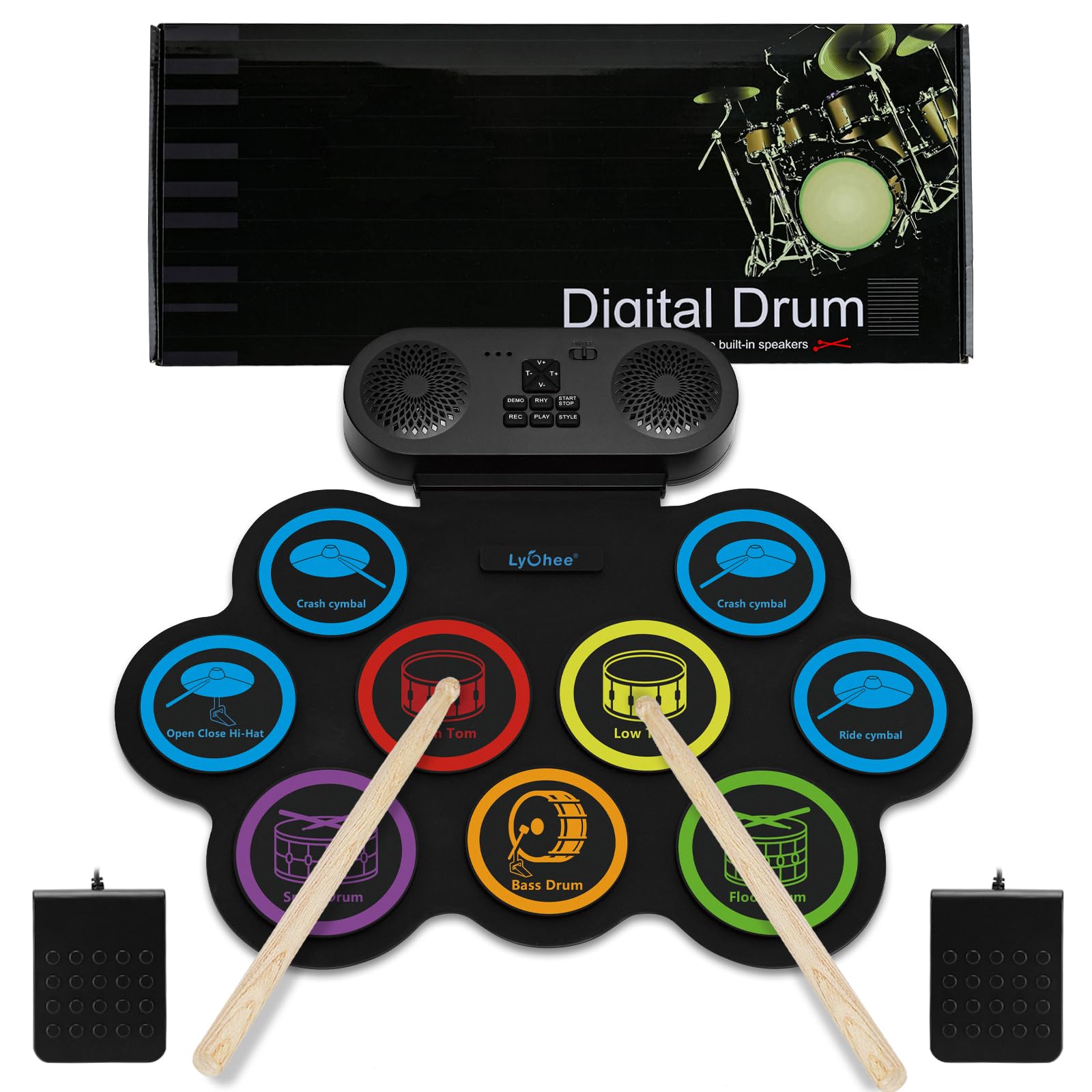 Lychee Electronic Drum Set mit Kopfhöreranschluss, 9 Stereo Roll-up Drum Practice Pad, Built-in Speaker Drum Pedals Sticks Support External Connection, Great Holiday Xmas Birthday Gift