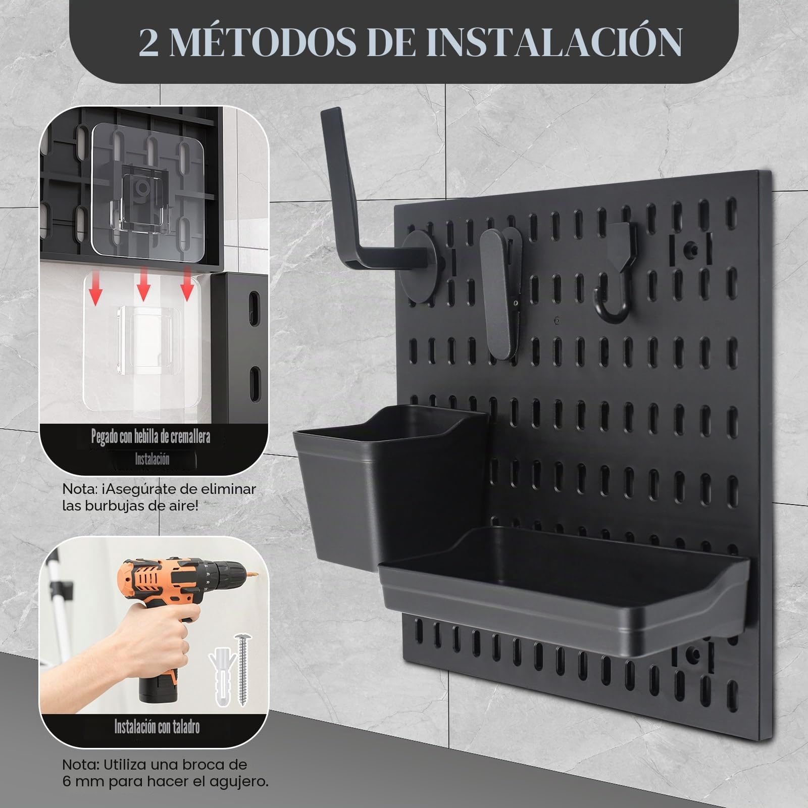 Set combinado de organizador de pared con panel enchufable y 4 losetas de 30 x 30 cm + 20 piezas de accesorios para almacenamiento, organización y decoración, combinación libre y fácil