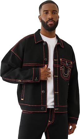 True Religion Mens Super T Cropped Denim Jacket Distressed Trucker with Contrast Stitching