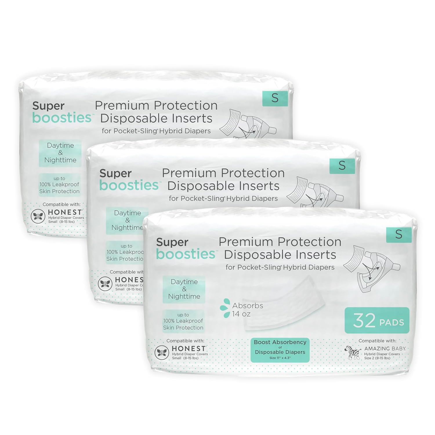 Overnight Diaper Leak Stopper, Super Boosties Disposable Inserts, Use with Pampers Sizes 2-6, Honest Hybrid Diaper Cover Sz Small, Amazing Baby Cover Sz 2, Pocket-Sling Compatible, 4.3x11 in, 96 count