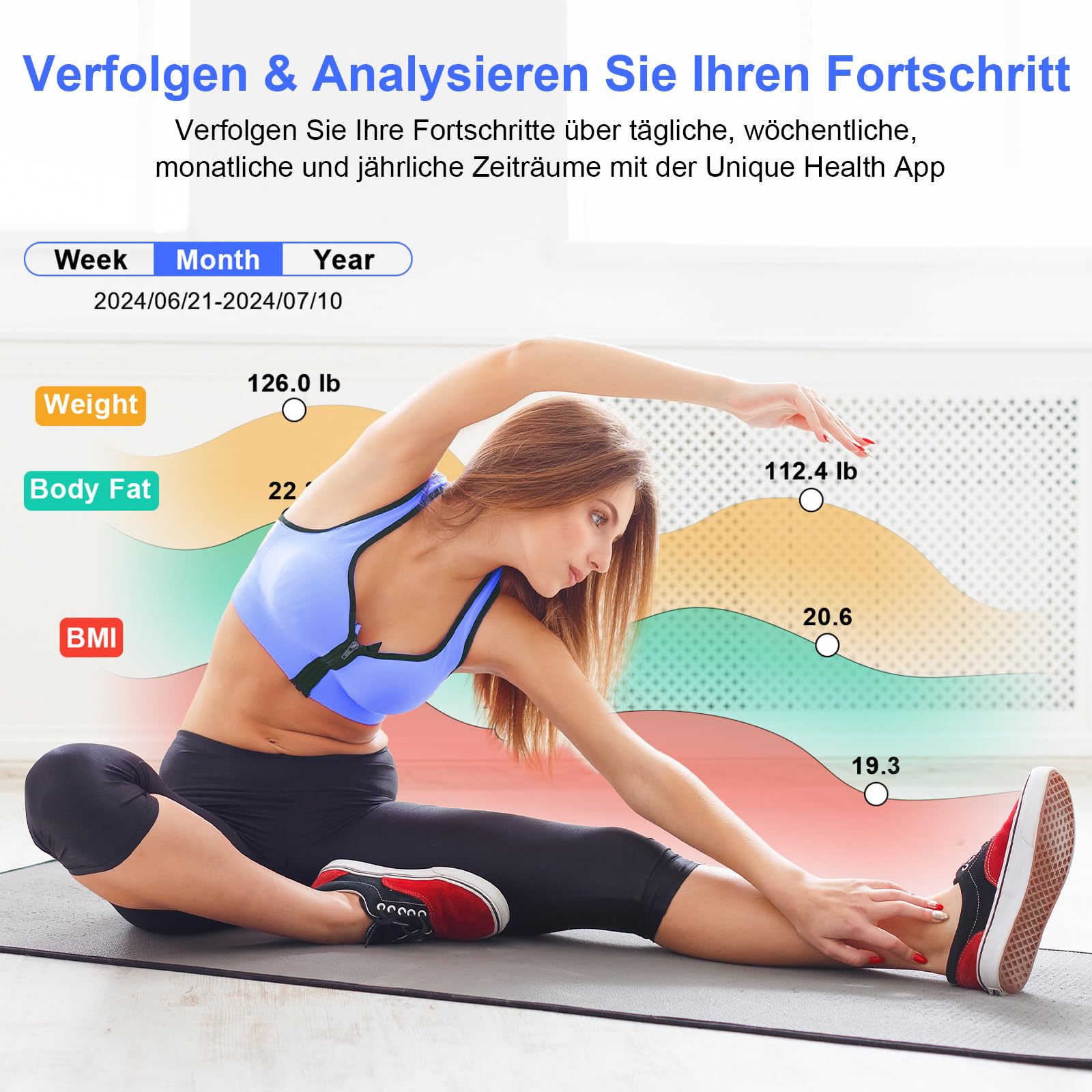 Healthkeep Personenwaage, Impedanzmesser, vernetzt, WLAN & Bluetooth, mit 8 Elektroden, hohe Präzision, 46 Körperdaten, für App, inklusive Android und iOS, Kapazität 180 kg/400 lb, 30 x 30 cm