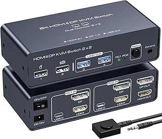 VEDINDUST HDMI Displayport KVM Switch 2 Monitors 2 Computers 8K@60HZ 4K@120HZ KVM Switch Dual Monitor 2 Port for 2 Computers Share 2 Monitors and 4 USB Ports Support DP1.4 HDMI2.1- Aluminium