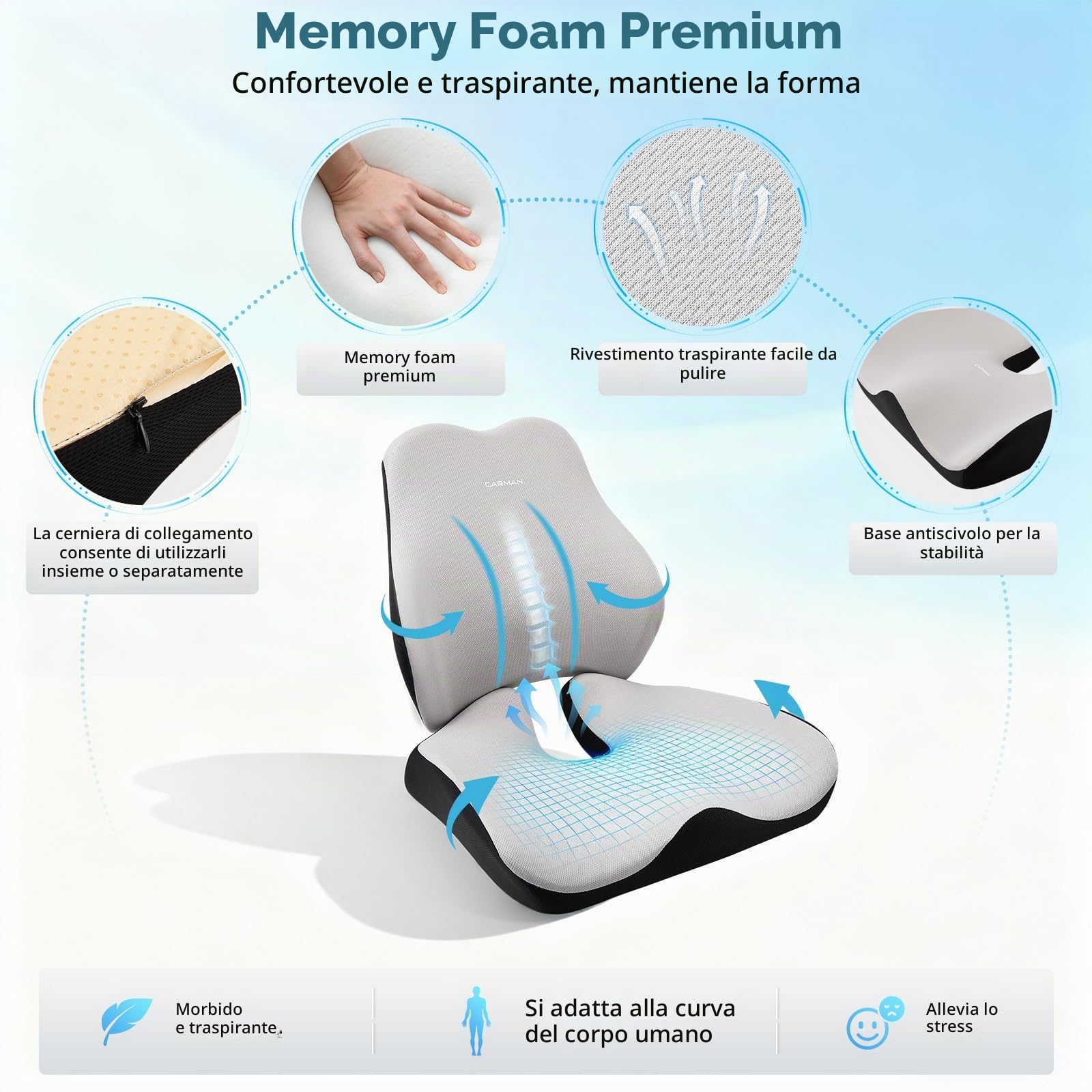 Cuscino per seduta e schienale, cuscino ortopedico per alleviare la pressione per il coccige, cuscino ergonomico per coccige, memory foam per ufficio e auto