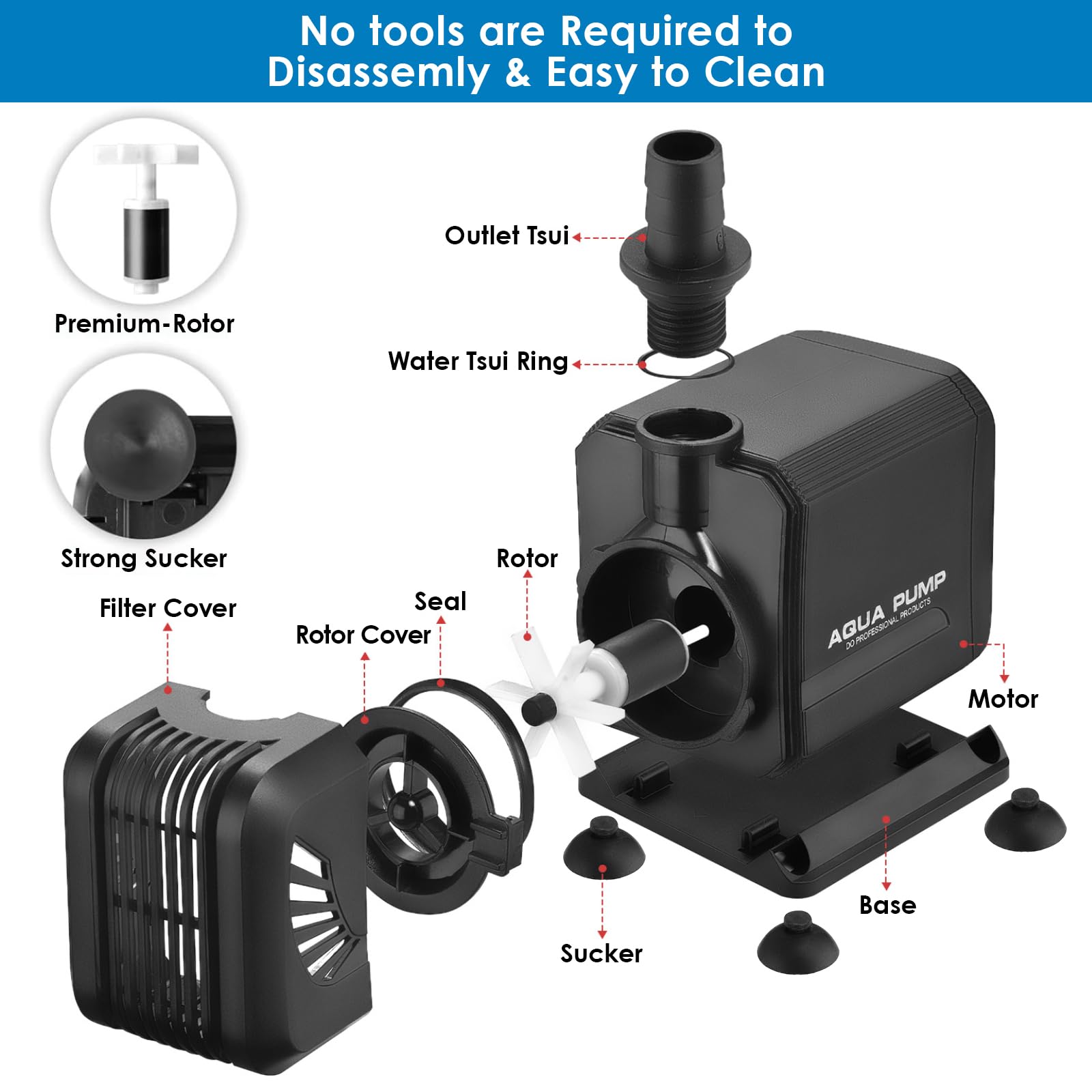 Pompa Sommersa 65W 3600L/H, Sommersa Silenziosa, Pompa per Laghetto,Massima di Sollevamento 3m, con Filtro e 6 Ugelli,3 Dimensioni:16/19/25mm, Ideale per Acquari e Laghetti,Fontane