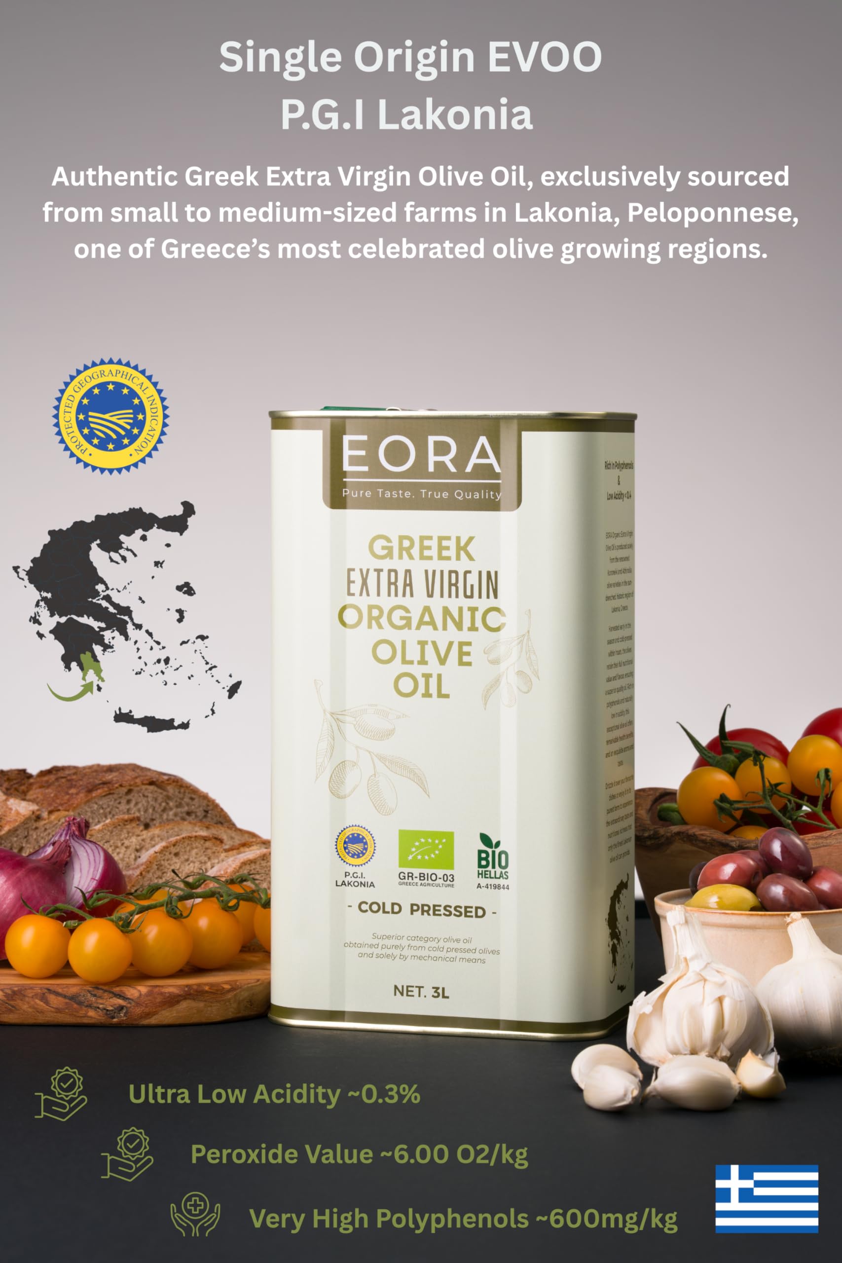 EORA Huile d’Olive Extra Vierge Grecque Bio Premium 3L (Nouvelle Récolte 25/26) – Haute teneur en polyphénols, extraite à froid, très faible acidité ~0,3% – origine unique IGP Lakonie, Grèce