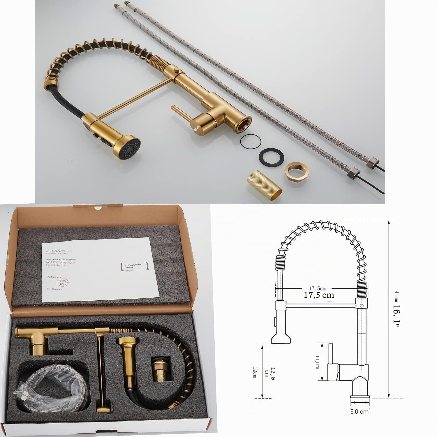Grifo de cocina dorado con rociador extraíble giratorio 360° 3 modos 2 salidas