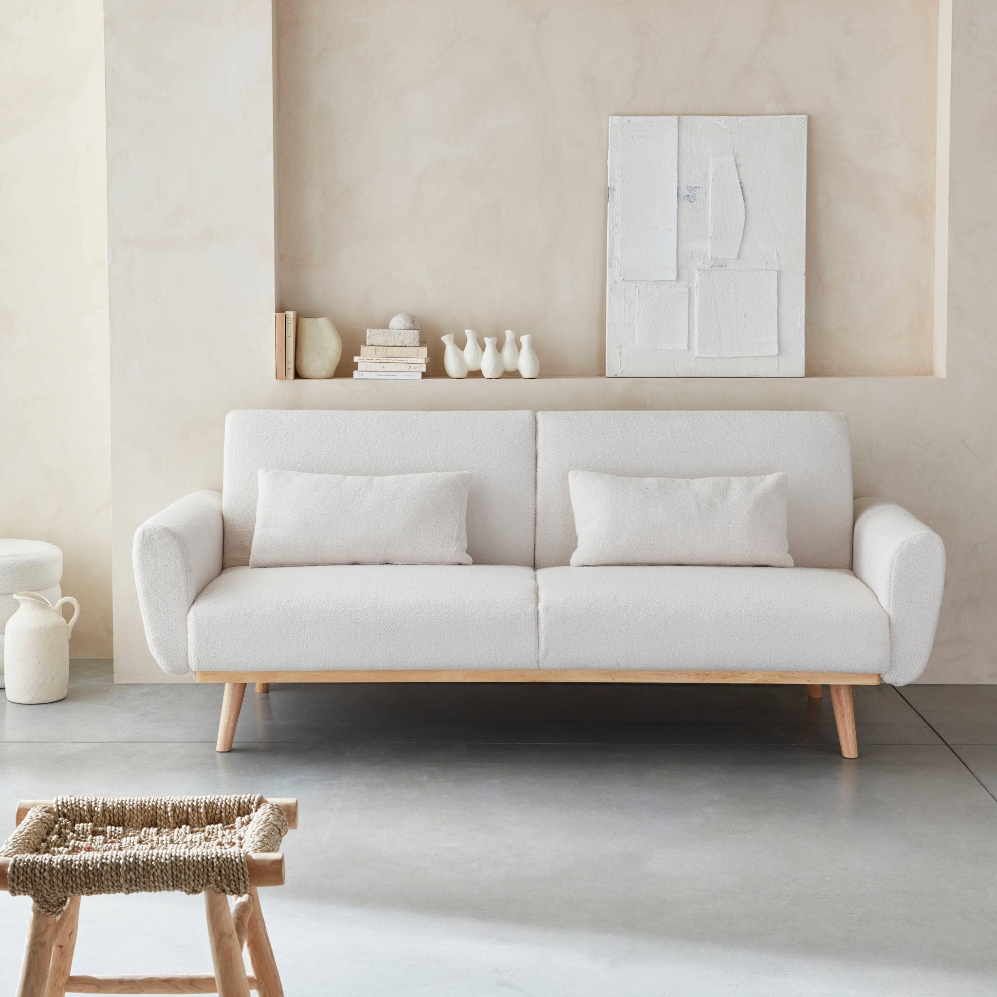 Sofa mit Bouclé Teddystoff mit Schlaffunktion - Bjorn - 2 - 3-sitziges fixes Sofa mit Holzbeinen, skandinavischer Stil