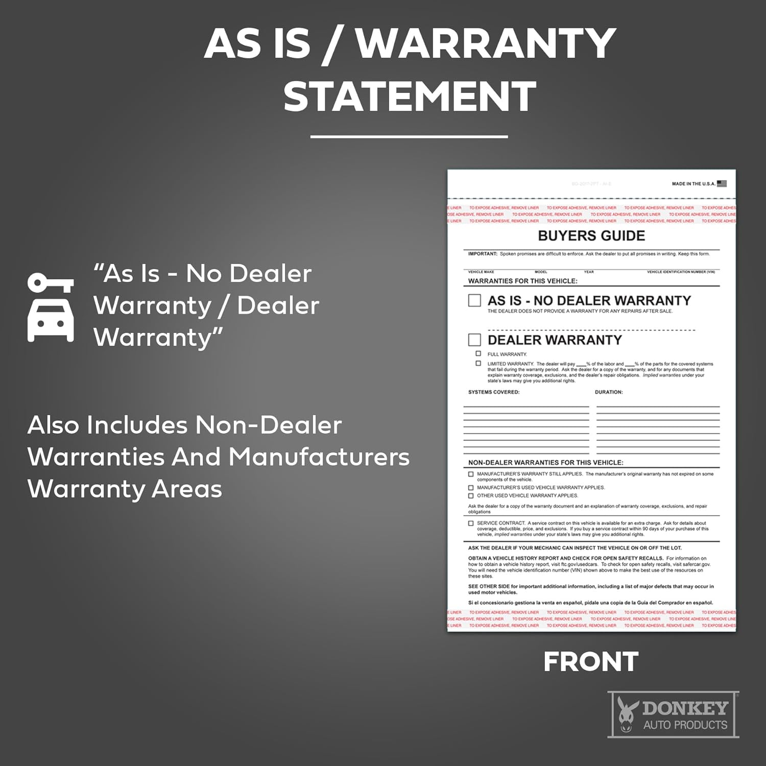 Donkey Auto Products 2 Part Buyers Guide Form - Adhesive Tape - English - As is - Warranty (100 per Pack) (2026 Version)