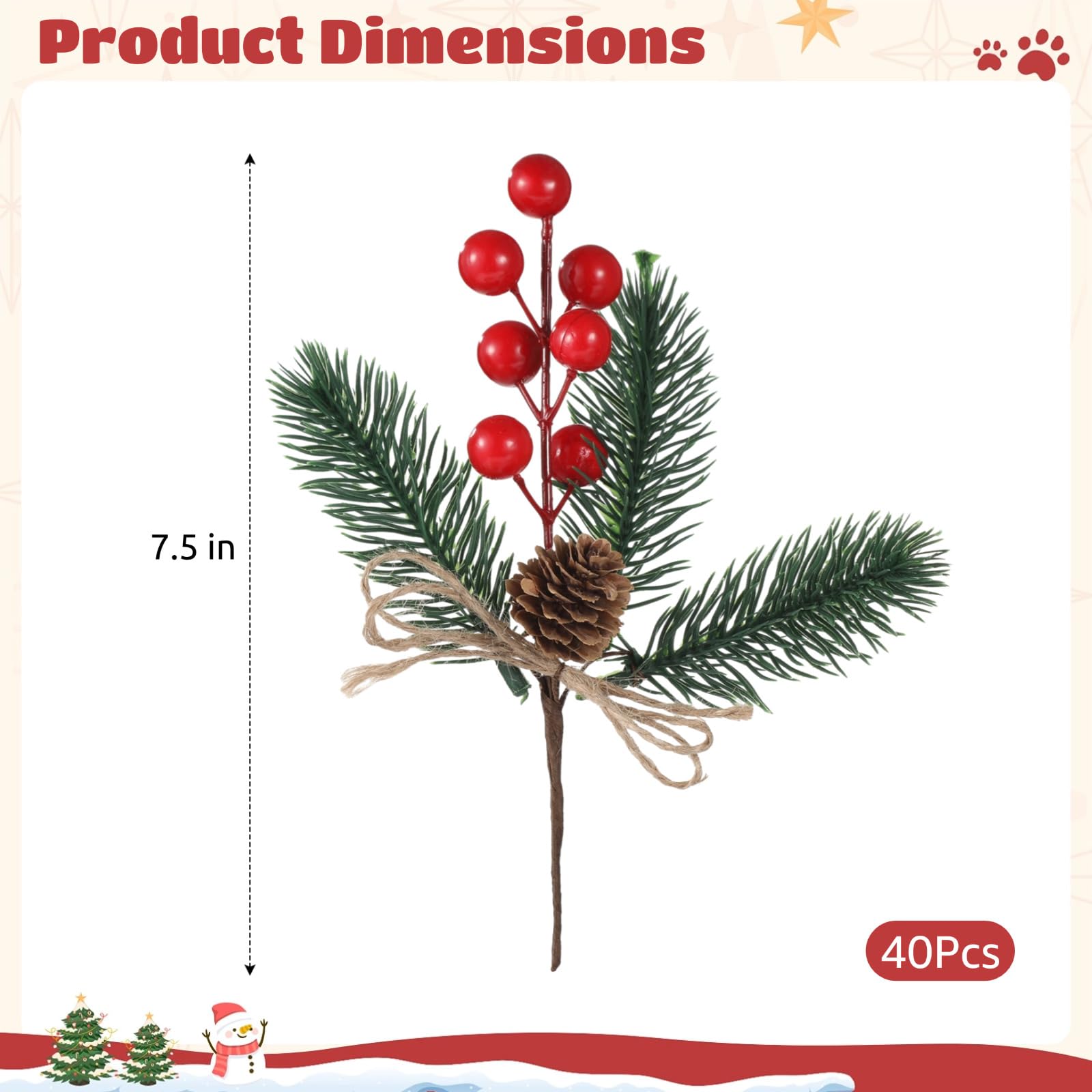 40 STK. Tannenzapfen- und rote Beeren-Picks, Kiefernnadelzweige Weihnachtsdeko, realistische Tannenzapfen, künstliche immergrüne Zweige, Weihnachtsornamente für Festdeko, Blumen, DIY-Kranz