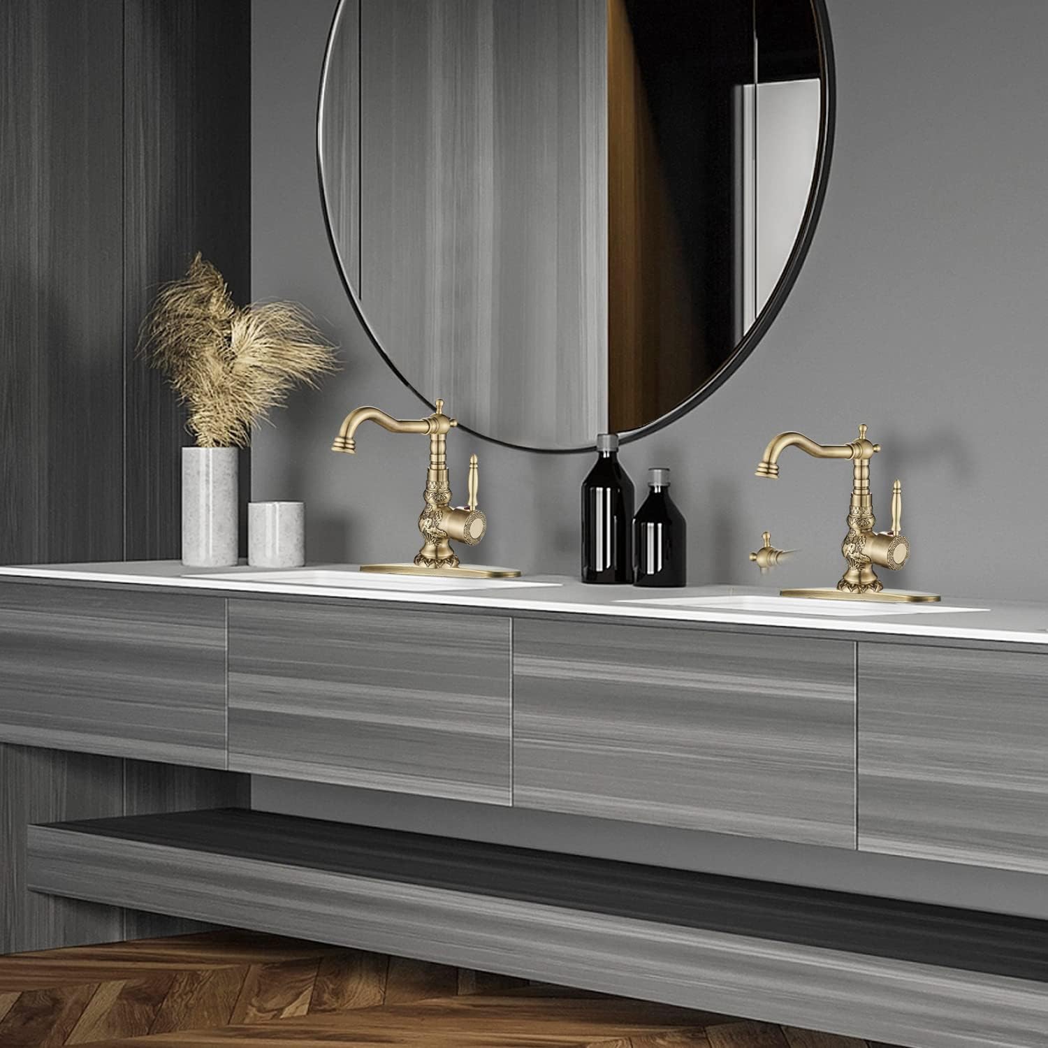 Senlesen Antique Brass Swivel Spout Bathroom Faucet Vanity Sink Mixer Tap and Pop Up Drain with Overflow - Image 4