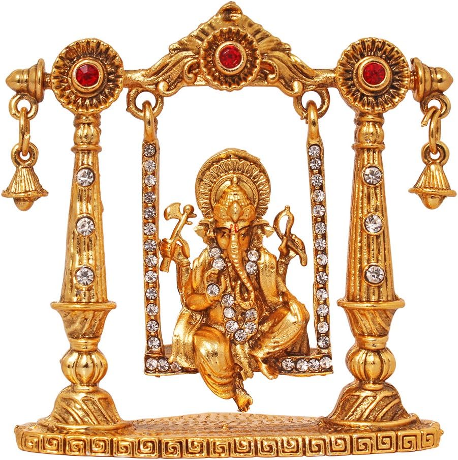 ART N HUB Bhagwan Ganesha Murti Mini Brass Dashboard Statue Figurine in Swing/Divine Elephant God Decorative Showpiece Idol for Success/Hindu Religious Lord Ganpati Vinayaka Resting Pooja Sculpture