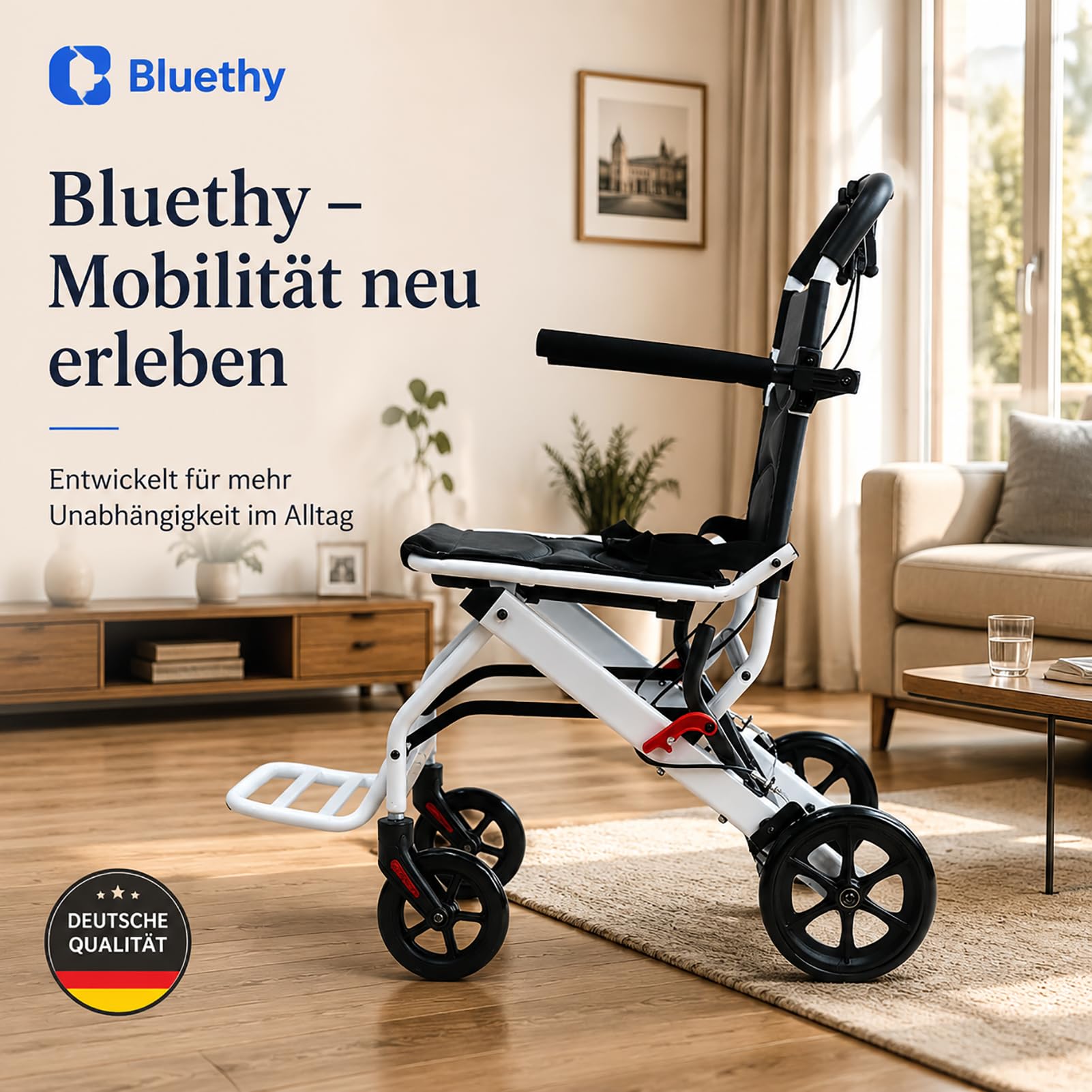 Leichtgewicht Rollstuhl Faltbar | Nur 8,2 kg, kompakt faltbar für Reisen und Alltag. Mit Sicherheitsgurt, PU Rädern und stabilem Carbonstahlrahmen.