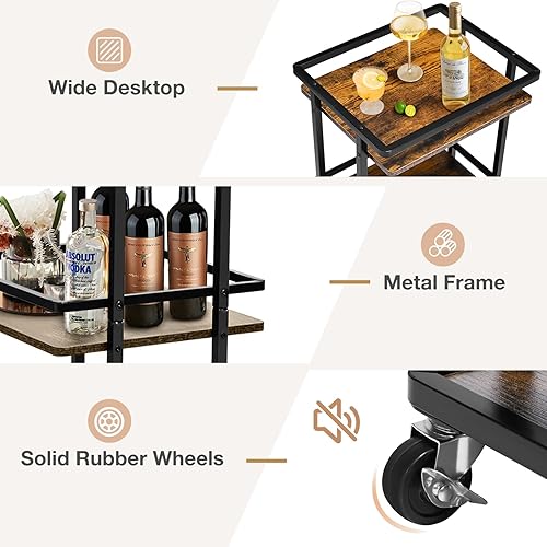 Miniatura 4 de BOEASTER Carrito de barra de 3 niveles para el hogar, carrito de servicio de mini bar rodante, carrito de vino con ruedas, carrito de vino de estilo
