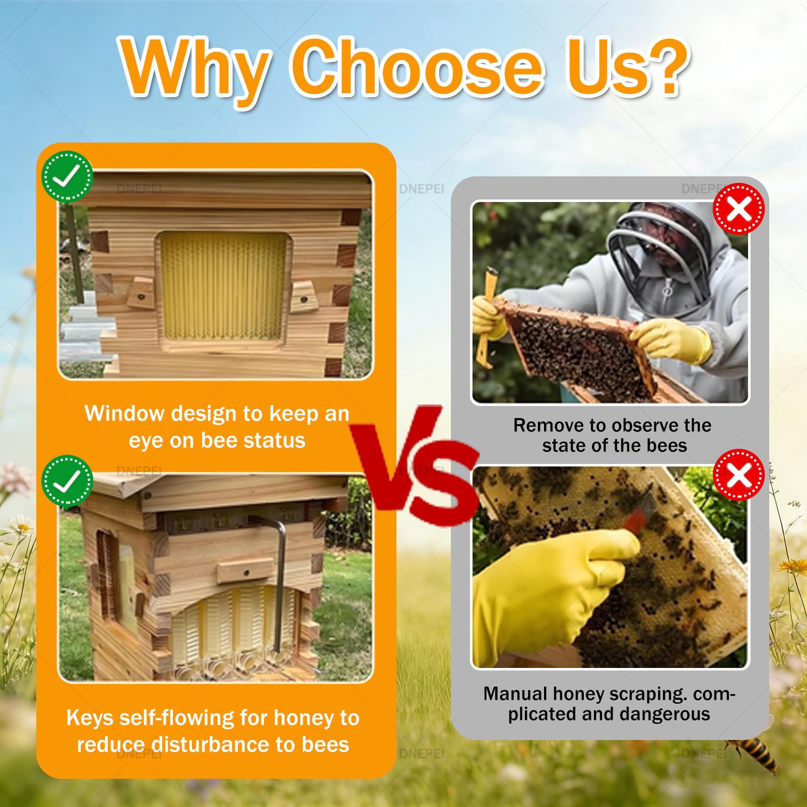 Komplettes Bienenstock-Set für Anfänger, Bienenstockkasten aus Holz mit Sichtfenster und Honighahn, inklusive Holzbienenhaus für bestäuberfreundliche Gärten