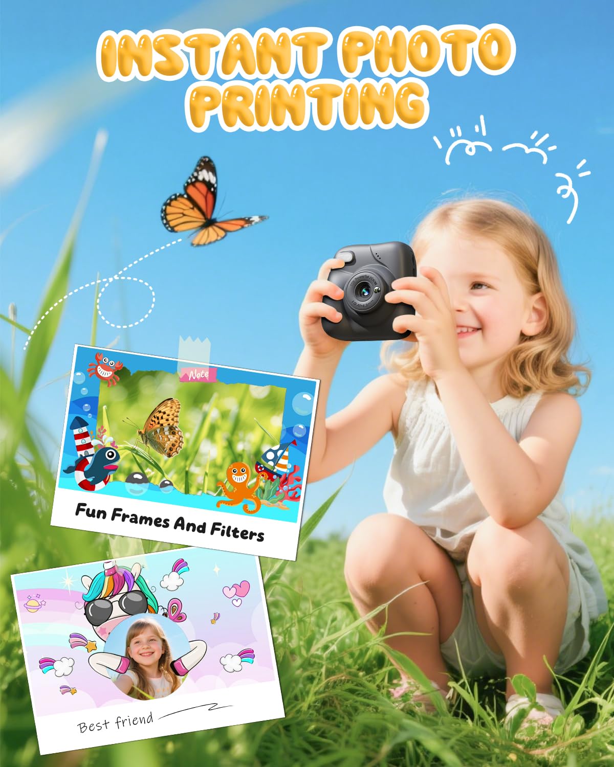 CAMCLID Macchina Fotografica Bambini Istantanea, 1080P HD Macchina Fotografica Istantanea 48MP con Scheda da 32 GB e 3 Rotoli di Carta da Stampa, Regalo per Ragazze Ragazzi da 3-12