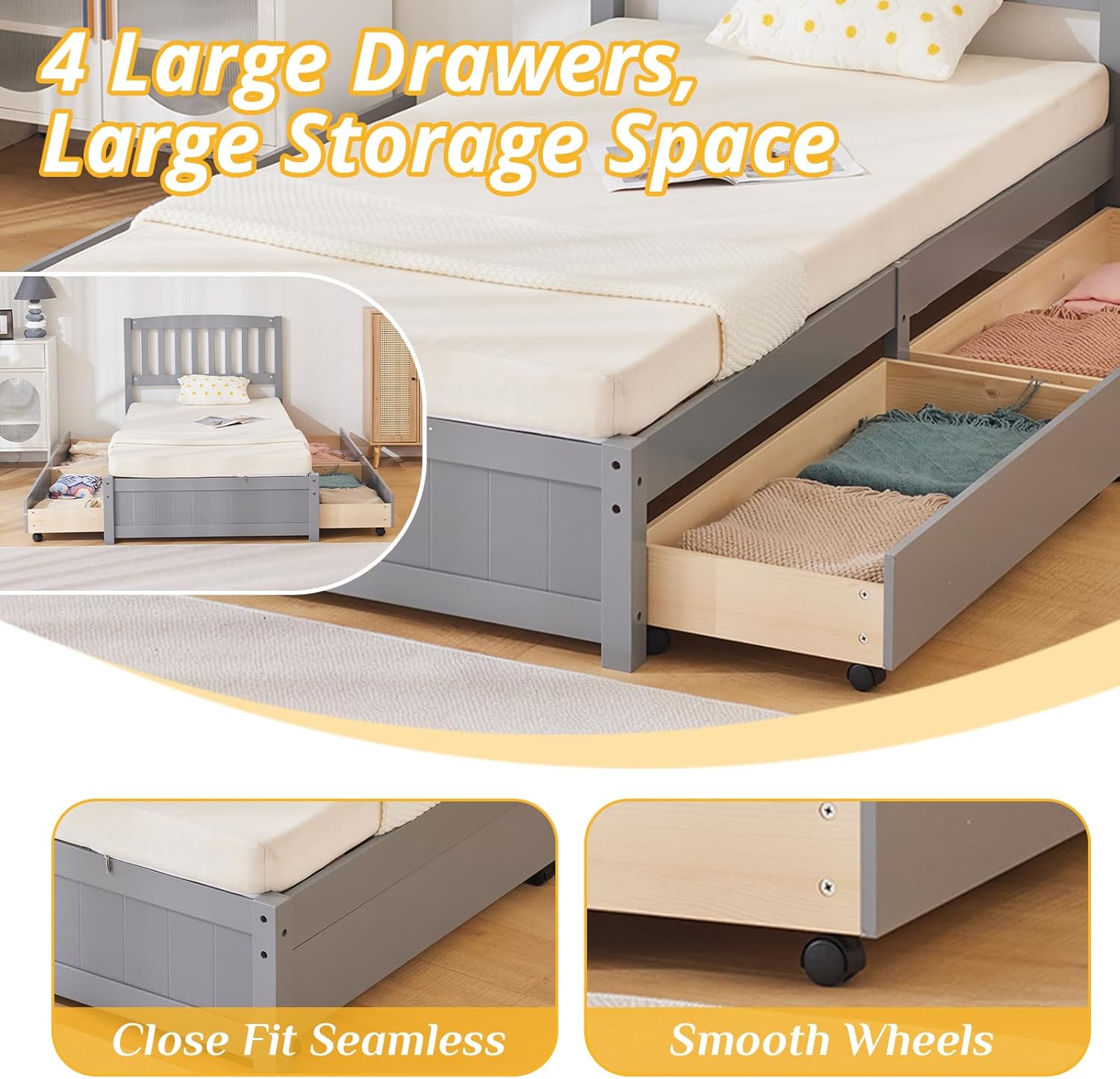 Karl home Twin Bed with 4 Large Storage Drawers
