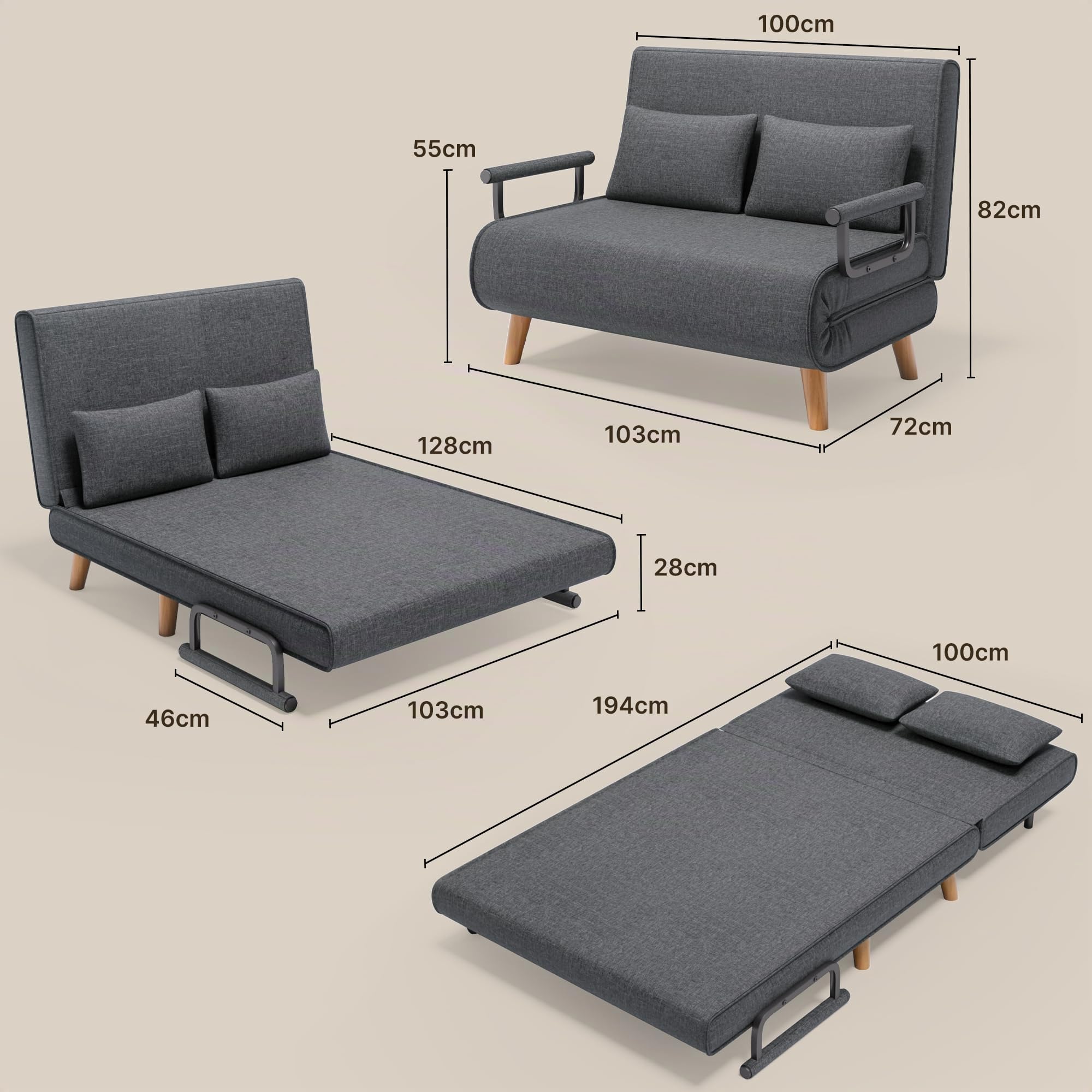 Xbro Sofá Cama de 2 Plazas, Sillón Cama Plegable con Respaldo Ajustable de 6 Niveles y 2 Almohadas, Sofá Convertible para Salón Dormitorio o Apartamento