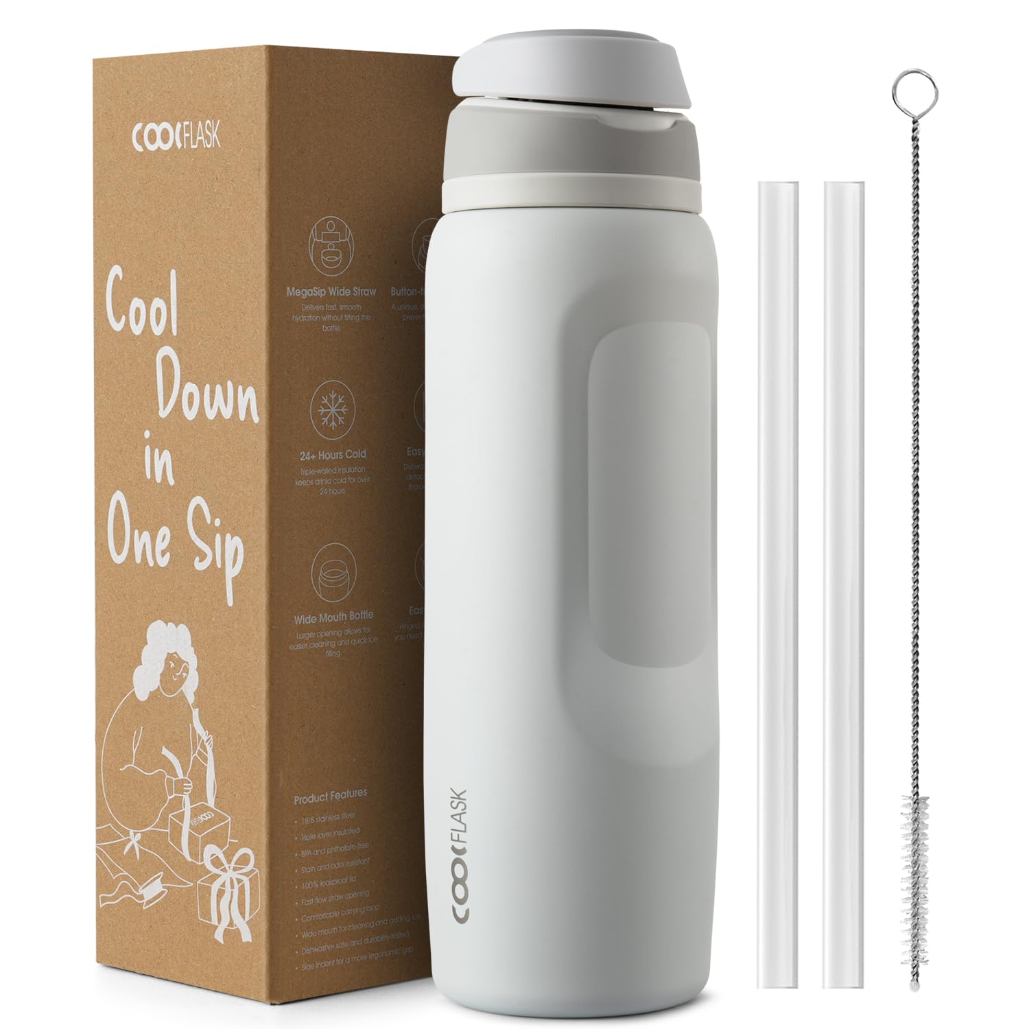 Coolflask MegaSip Water Bottle 1.2L with Straw, Stainless Steel Insulated Water Bottles Leak-Proof, 24+ Hours Cold, BPA-Free Dishwasher Safe, Water Flask for Sports Gym Work Office, Glacier White