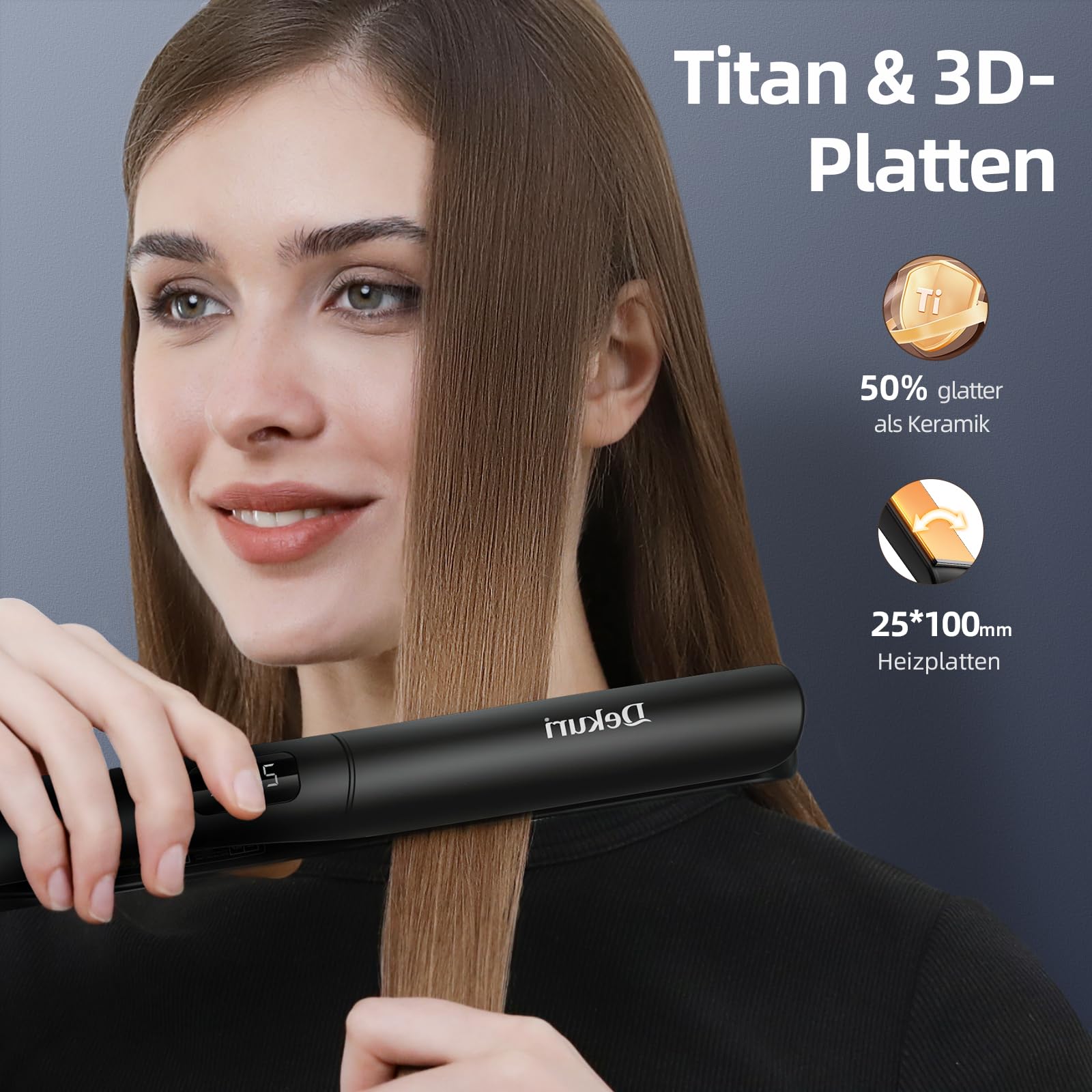 Dekuri Plancha de pelo 2 en 1 para rizar y alisar, plancha de pelo lisa de titanio, calentamiento rápido de 30 segundos, pantalla LED de 120 – 230 ℃, plancha iónica para el cabello para mujeres, color