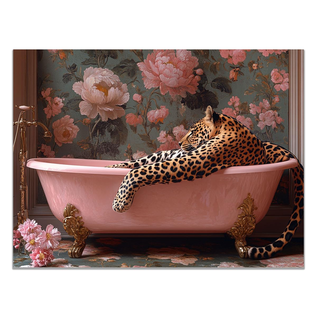 TZKRWRH Cheetah Wall Art Print, Panther Picture Leopard In Pink Bathtub Mid Century Retro Design, Minimalist Painting Poster Wild Animal Art Bedroom Canvas(Pink 52)-70x100cm Unframed