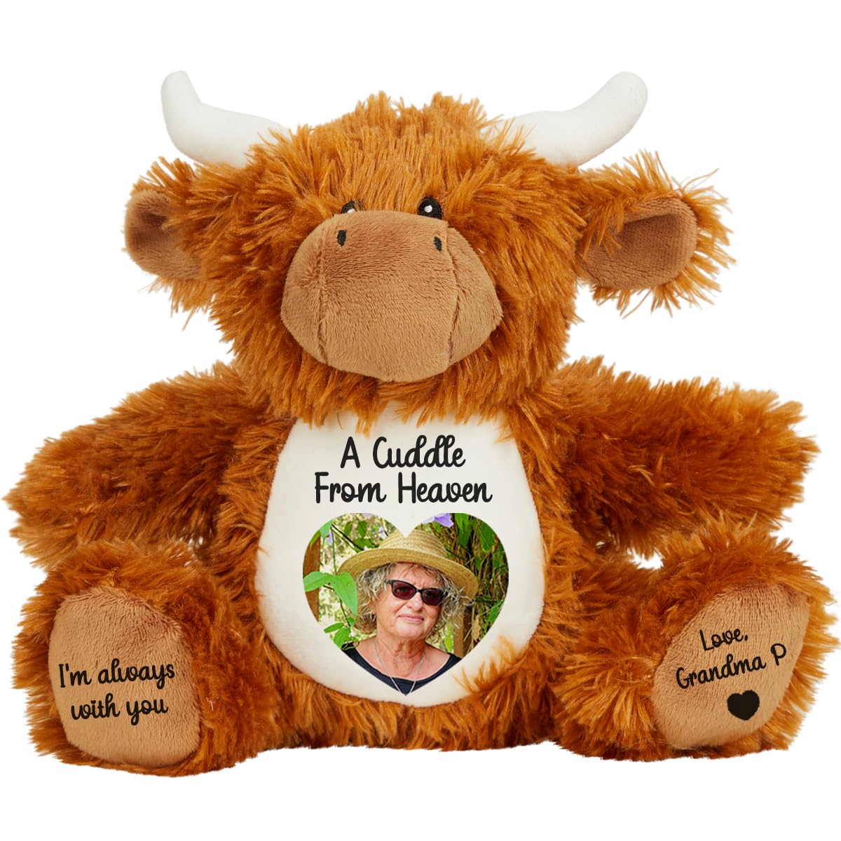 Personalised Memory Teddy Bear with Heart-Shaped Photo – “A Cuddle From Heaven” Keepsake Gift – 28 Bear Styles – Add Your Text & Choose Colour – Custom Memorial Bear (Orange Highland Cow)