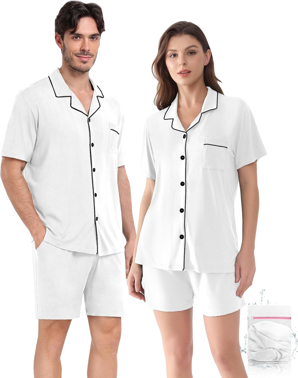 Matching Couple Pajamas Set, Cotton Button-Down PJs with Pocket, His & Hers Pajama Set, Gifts for Couples, S-XXXL