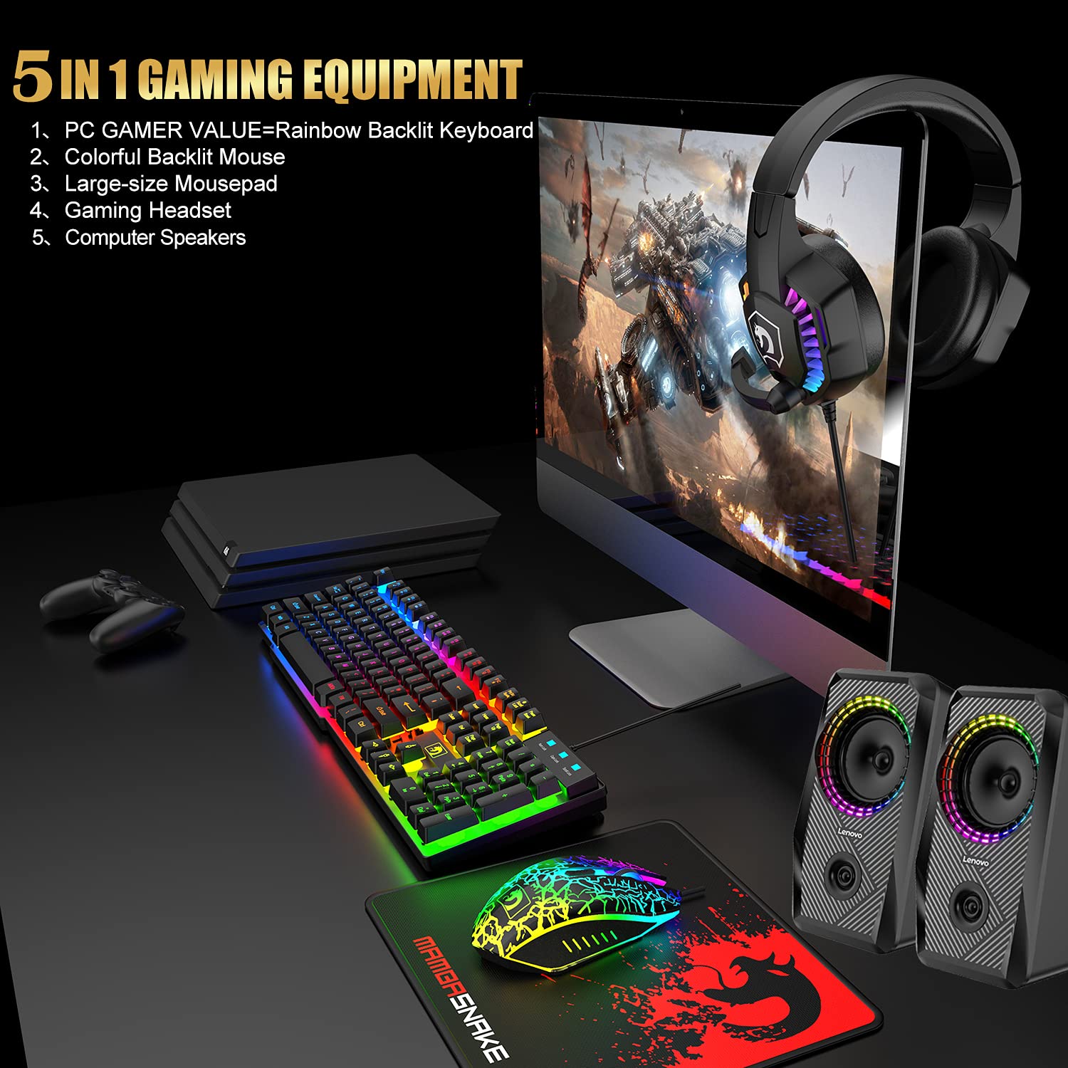 Vereinigtes Königreich-UK Layout verdrahtet 104 Key Gaming-Tastatur-Maus-Kopfhörer-Lautsprecher 5 in 1 Combo Multi RGB-Hintergrundbeleuchtung Einstellbar 2400DPI-Maus Great Mousepad wasserdicht