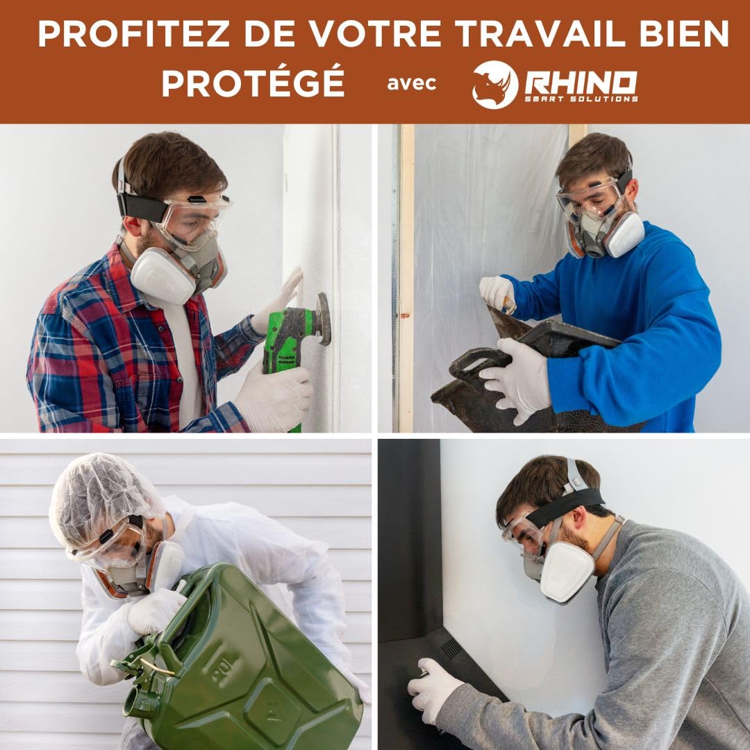 RHINO Smart Solutions Masque Peinture A1 Protection Respiratoire Réutilisable Anti Poussiere, Gaz, Chimique, Resine Epoxy, Travaux du Bricolage | Avec Filtres en Coton, Lunettes de Sécurité, Gants