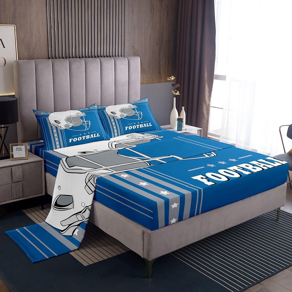 Erosebridal Gridiron Sheet Set for Boys Girls Kids Sports Bed Sheets Full, Rugby Sports Decor Bedding Sets White and Blue City Sheets Football Fans Gifts - Image 2