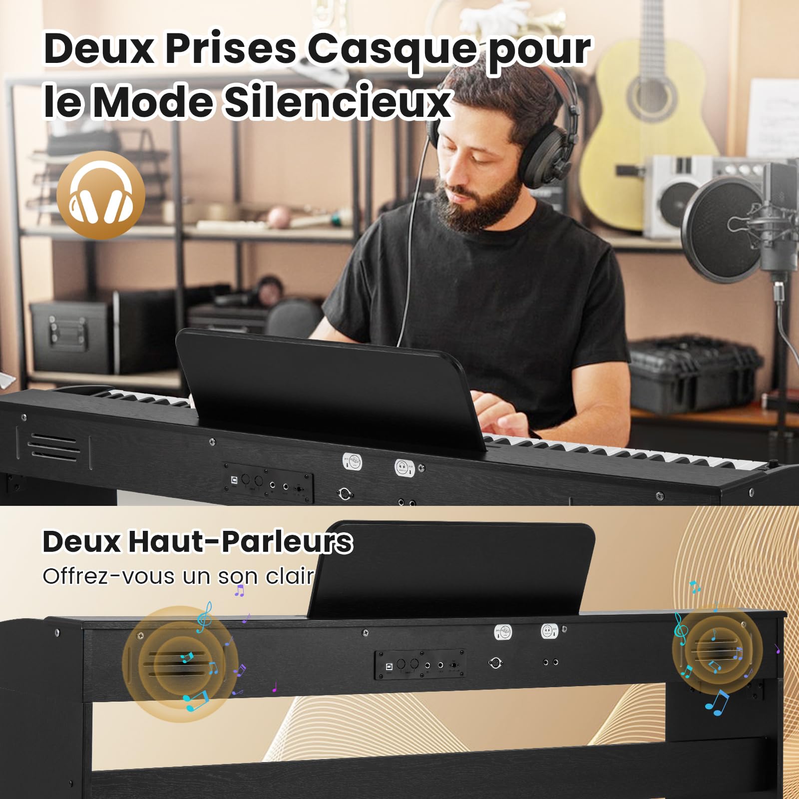 COSTWAY Piano Numérique 88 Touches, Clavier Piano Électrique Lesté avec Triple Pédales, Mode Double Clavier, USB MIDI, Haut-Parleurs Stéréo, Prises Casque, 128 Rythmes & Sonorités pour Débutants