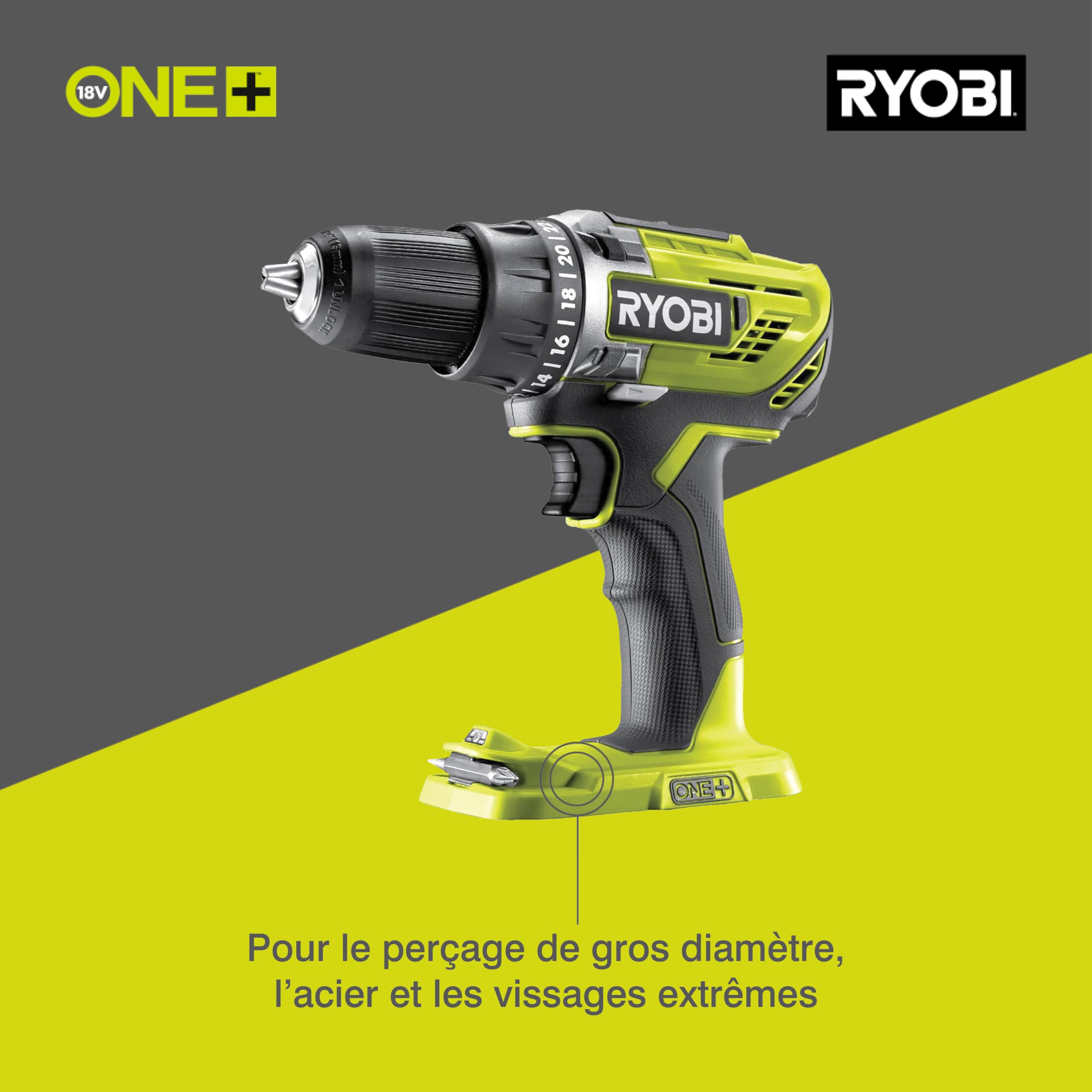 RYOBI - Perceuse Visseuse Sans Fil 18V ONE+ R18DD3-0 – Mandrin 13mm, 2 Vitesses, 24 Positions de Couple, Compacte – Batterie Non Incluse