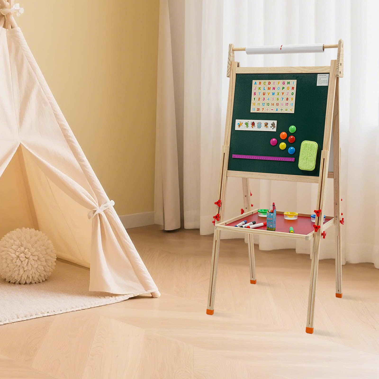 Cavalletto 3 in 1 per bambini, in legno di pino, lavagna bianca e lavagna, regolabile in altezza 85-144 cm, con rotolo di carta e accessori completi, stabile e sicuro