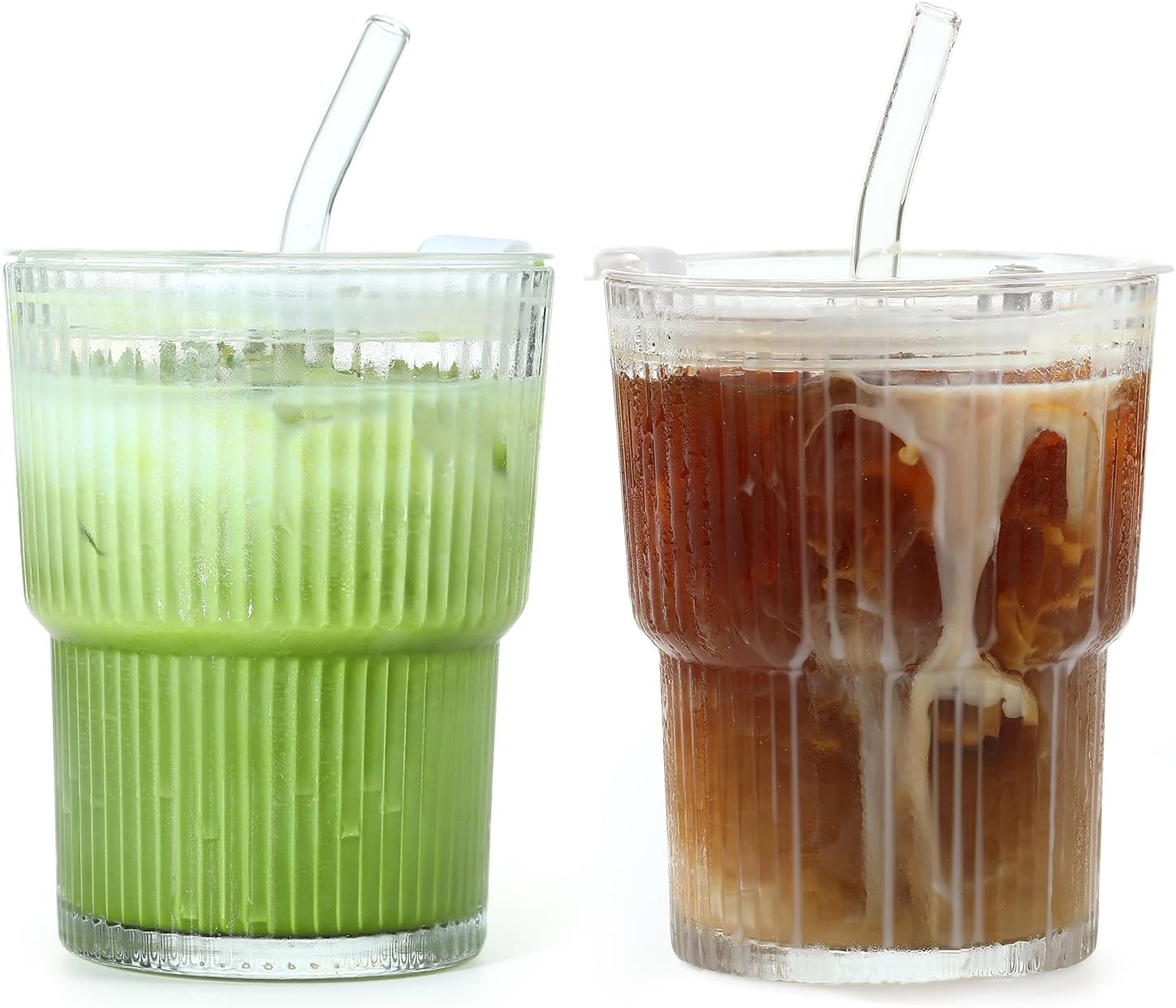 13 OZ Glass Matcha Cups with Reusable Straw Insulated Iced Latte Tumbler Mug Leakproof Travel for Iced Coffee Smoothie Tea Dishwasher Safe Eco-Friendly(2pcs)