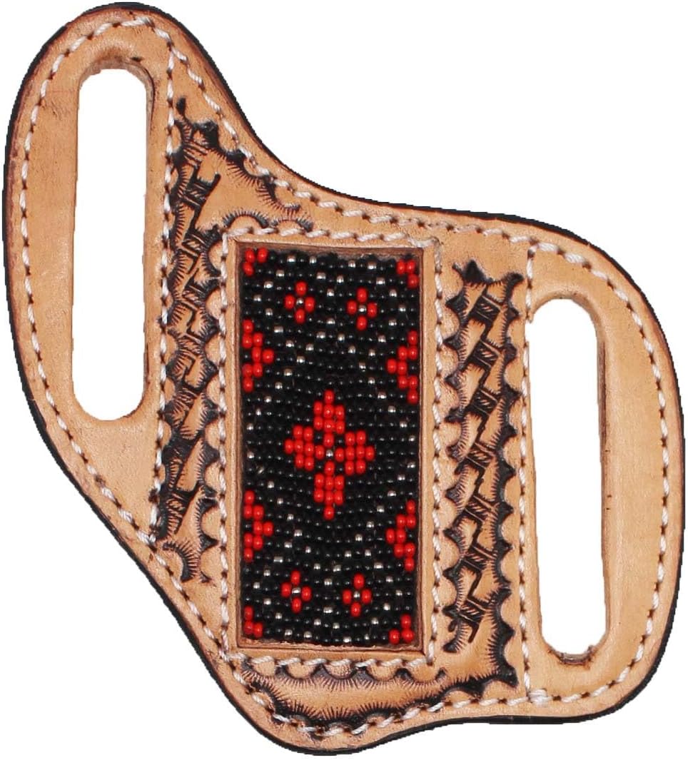 Western Basket Weave Tooled Leather Beaded Knife Holder Flat Sheath 29RT47B