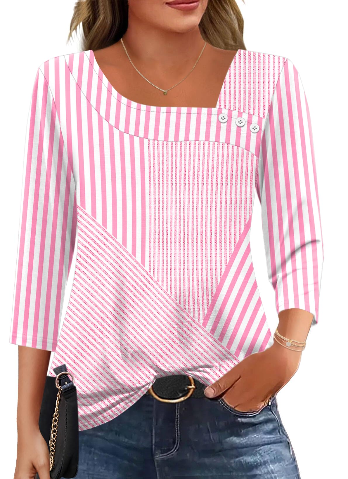 LOMON Womens 3/4 Length Sleeve T Shirts Asymmetrical Neck Tops Business Blouses for Women Fashion 2026