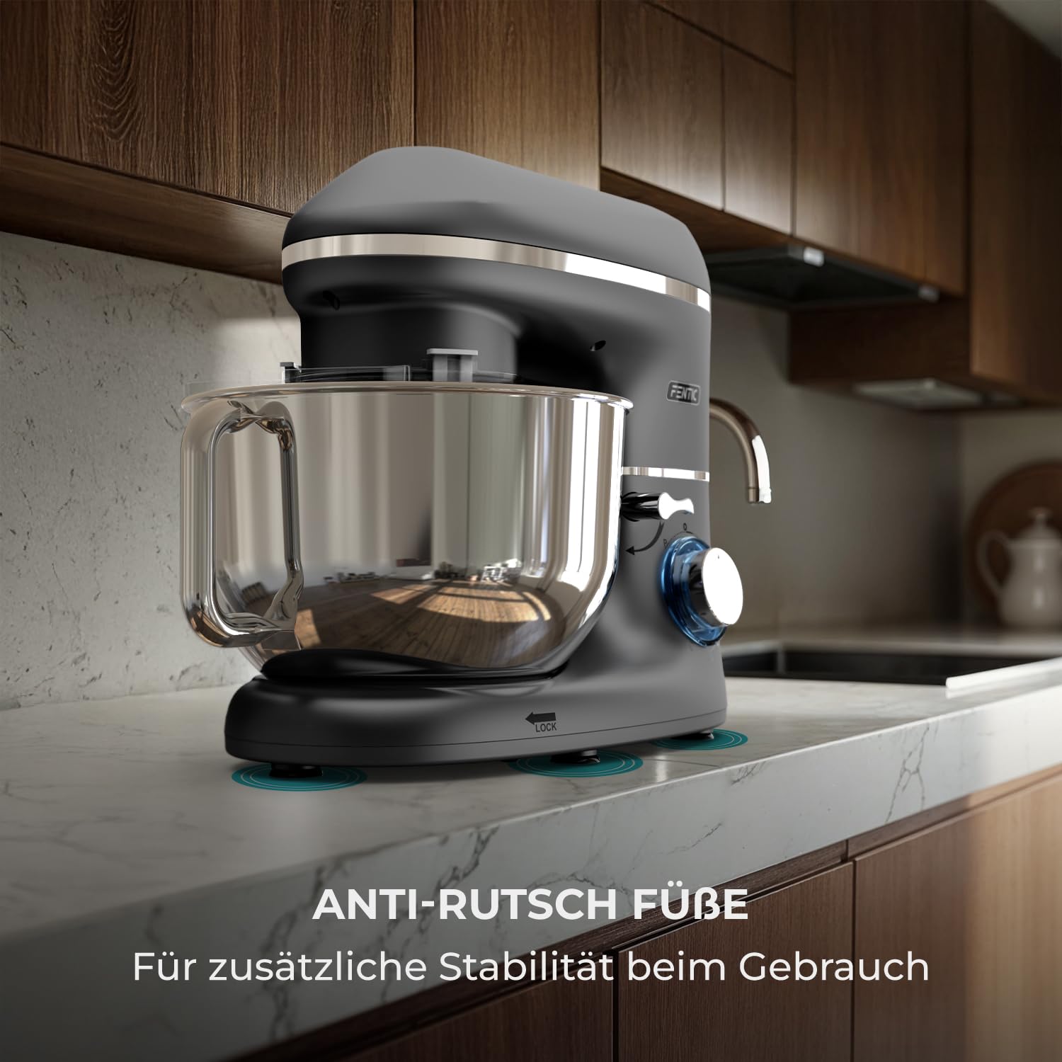 Küchenmaschine - 2000W - Edelstahl Rührschüssel (6,2 L) - Knetmaschine mit Rührhaken, Knethaken, Schlagbesen und Spritzschutz - Inkl. zusätzlichem Zubehör - Anthrazit
