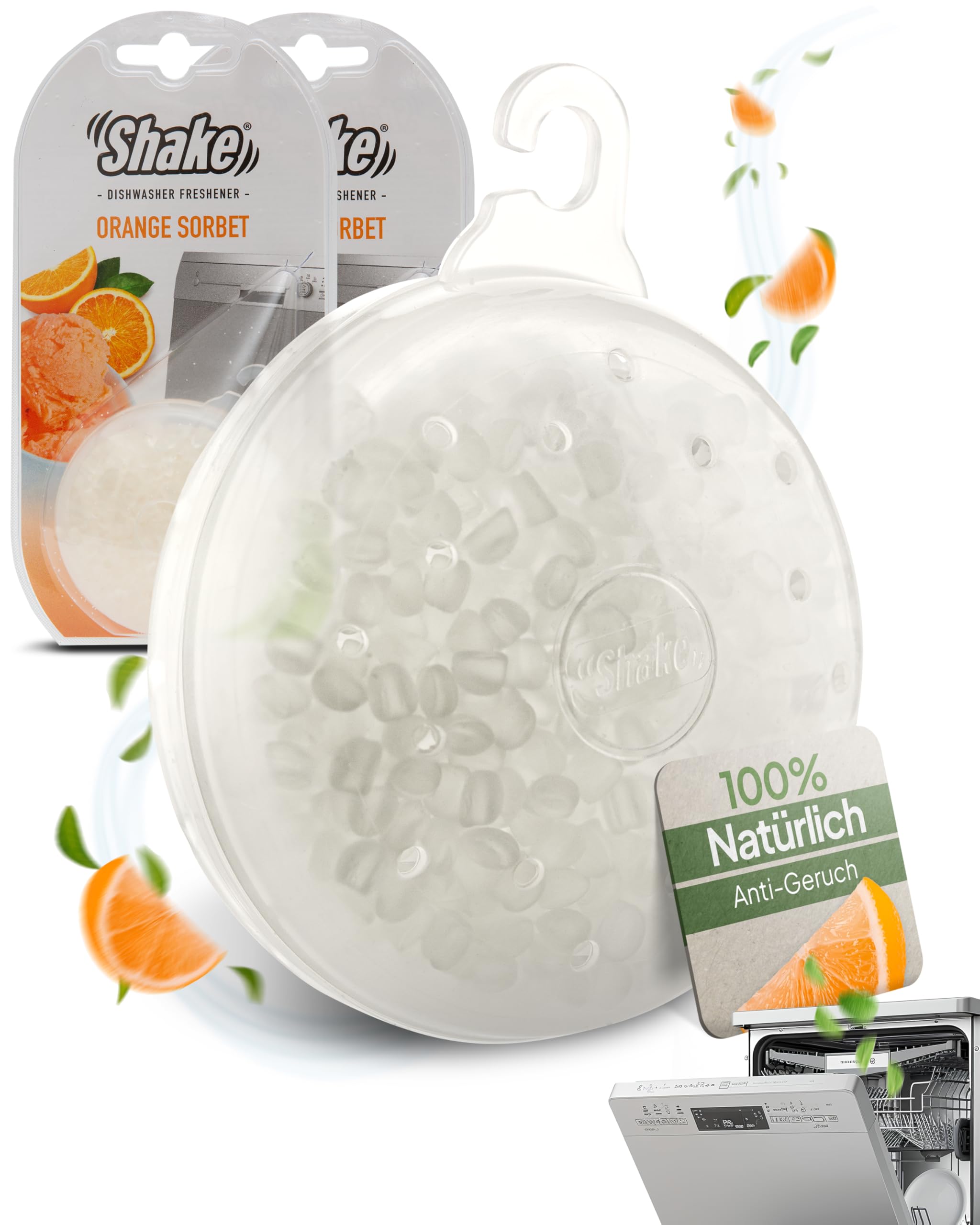 SHAKE Spülmaschinen Deo (Orange) • Duft für Geschirrspüler • Citrus Spülmaschine Duft gegen Gerüche • Geruchsentferner Spülmaschine • 2 Stück Elektro-Großgeräte