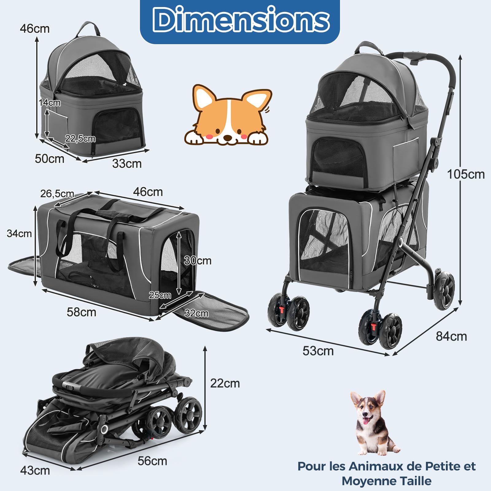 GYMAX Poussette Chien Chat 2 Couches Détachable, Transporteur et Siège Auto 3-en-1 pour Animaux de Companie, Auvent Réglable, Coussin Amovible, Poche de Rangement, Cadre en Métal Pliable (Gris)
