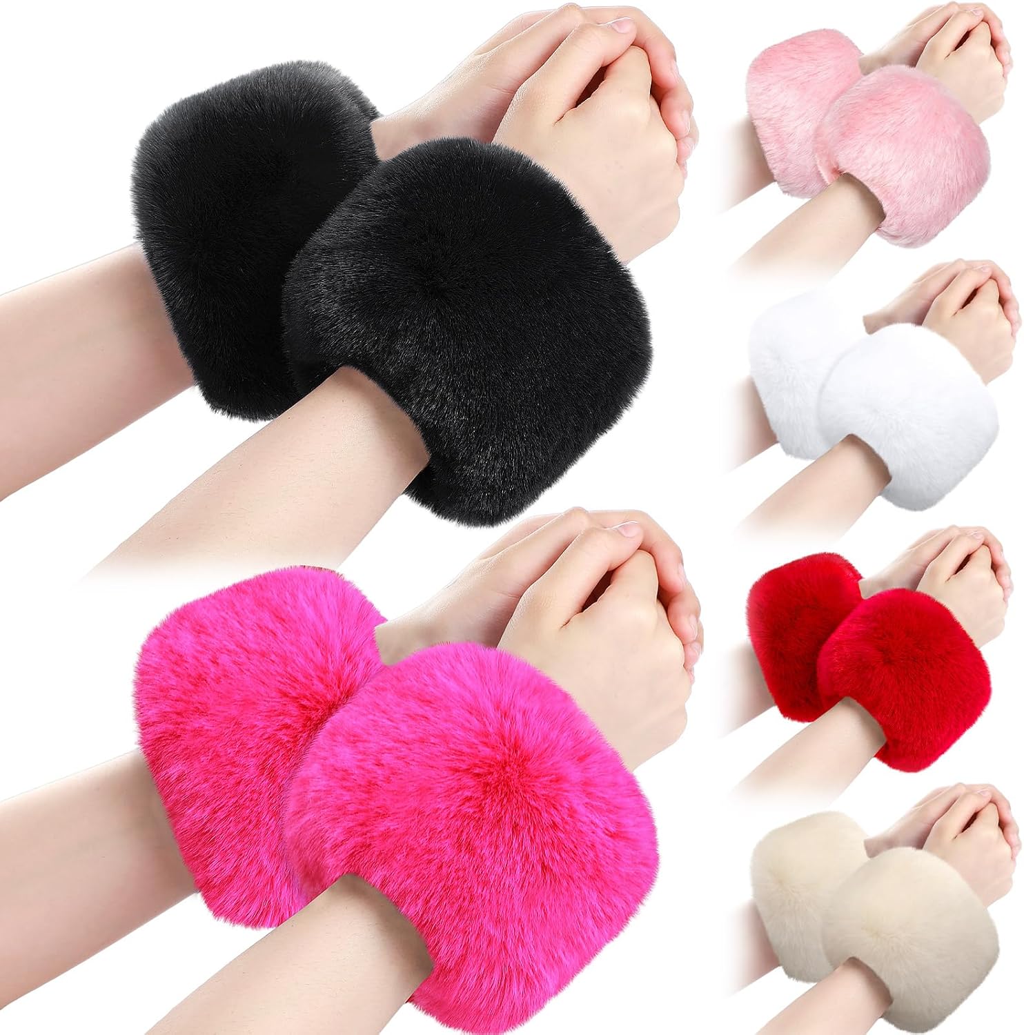 SATINIOR 6 Pairs Faux Fur Short Wrist Cuff Winter Fuzzy Wrist Cuff Warmers for Women Girls Favors
