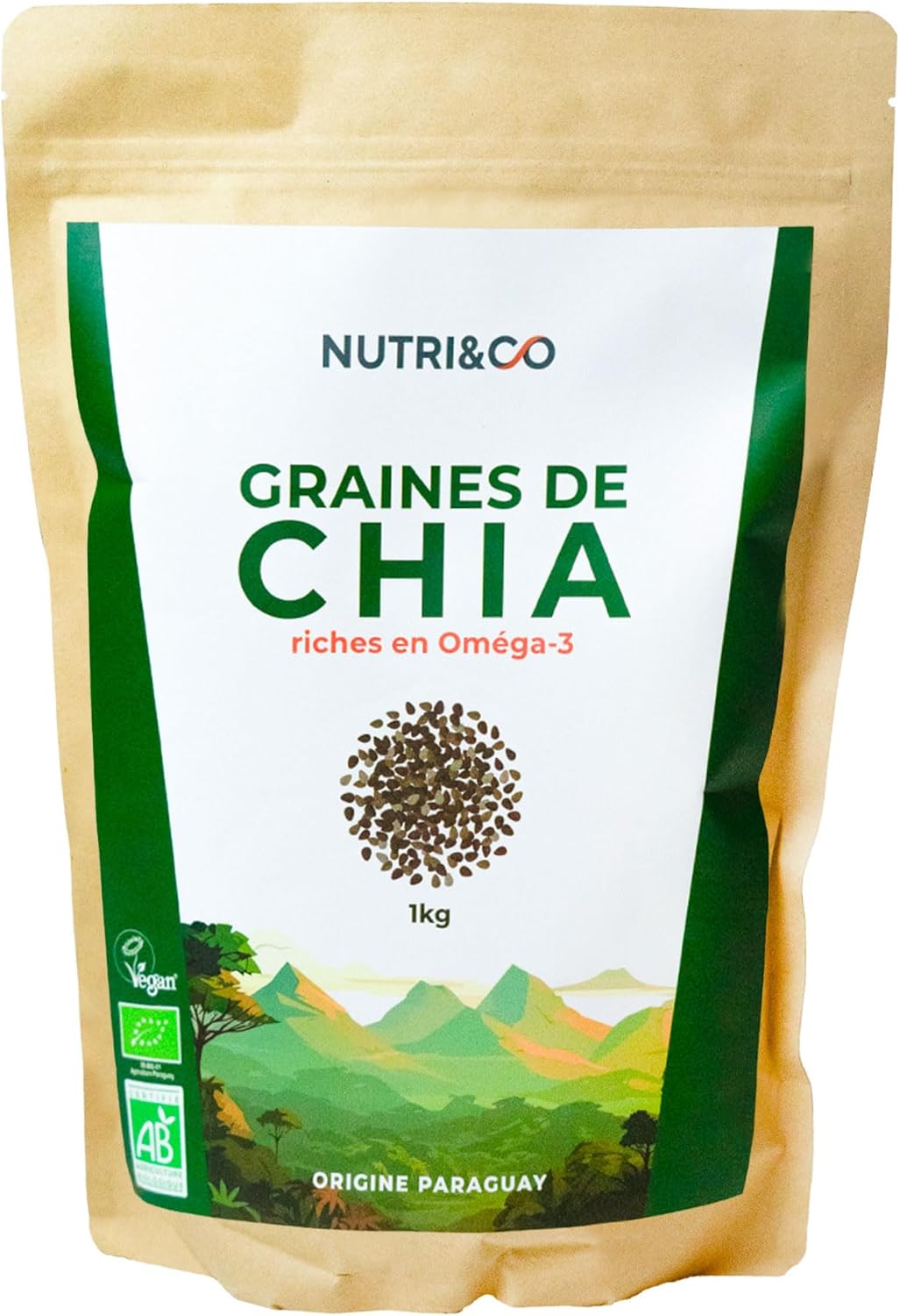 NUTRI & CO Organic Chia Seeds 1 kg – Rich in Omega 3, Source of Fibre and Plant Proteins – Salvia Hispanica from Sustainable and Fair Trade Agriculture – Organic and Vegan Super Food